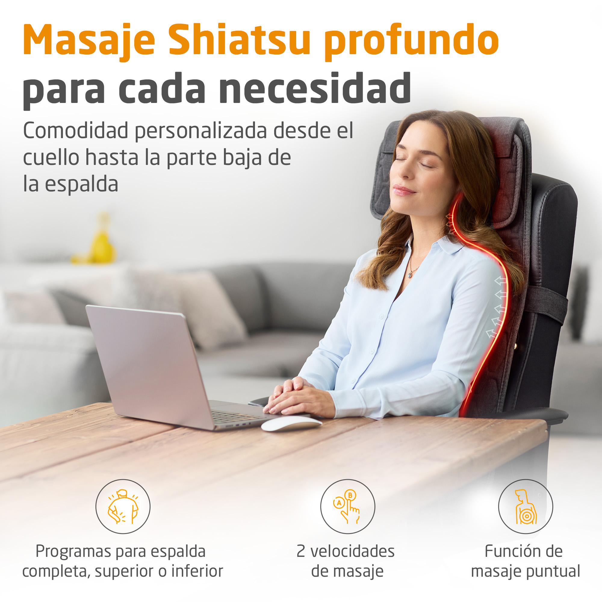 Mujer disfruta masaje de cuello en silla de oficina, portátil.