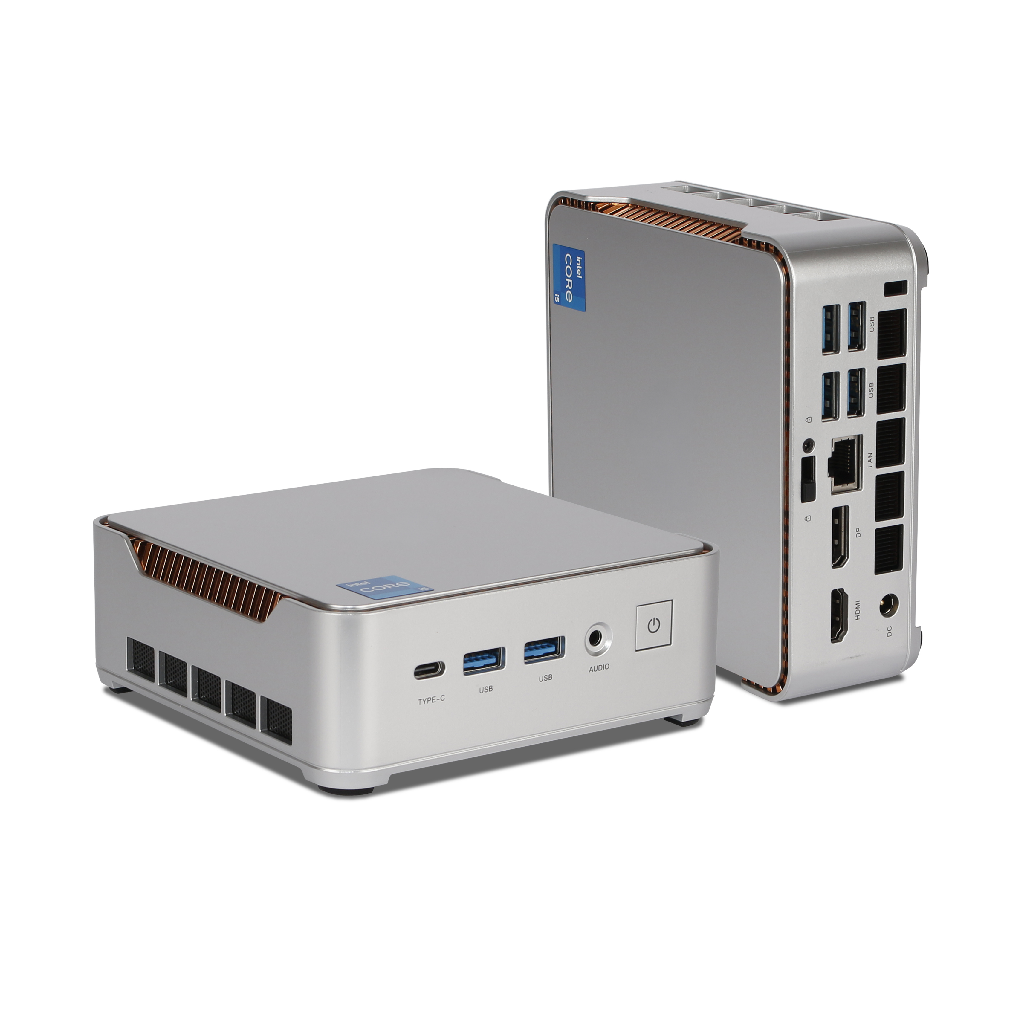 Zwei silberne Mini-PCs mit Intel Core i5 Aufklebern, weiße und blaue Anschlüsse.