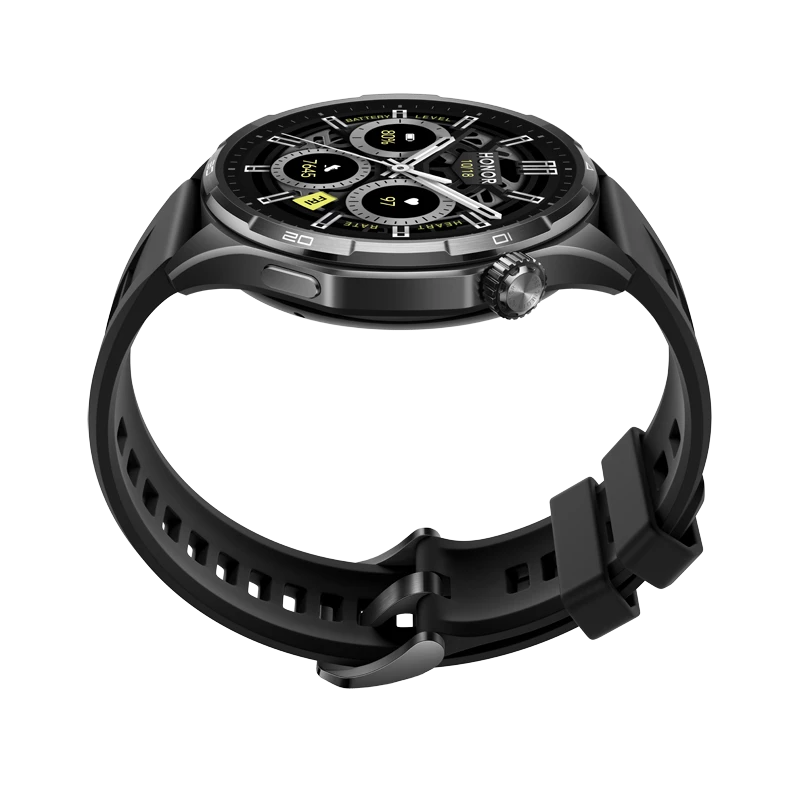 Smartwatch nero con quadrante rotondo che mostra battito cardiaco e batteria.