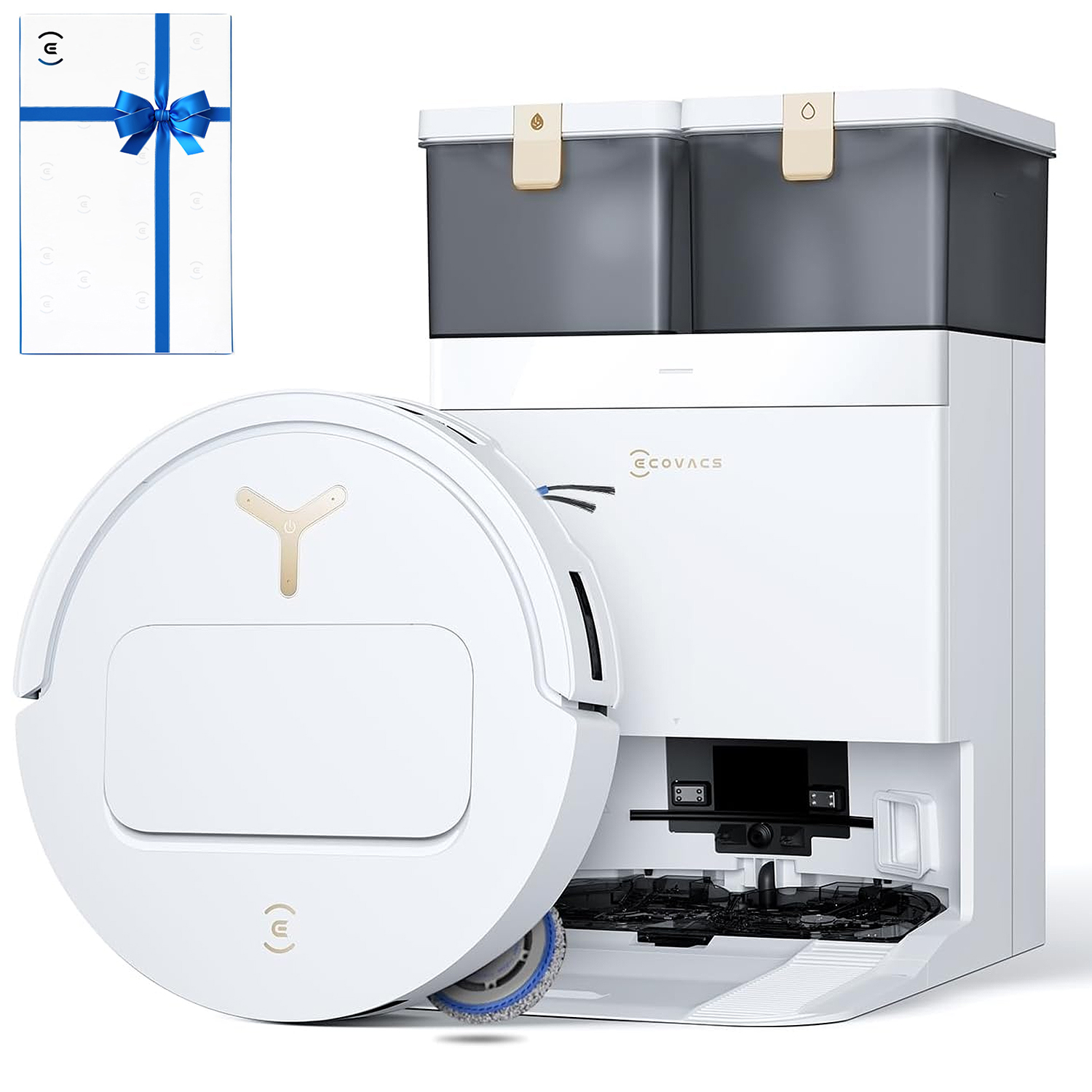 A white robot vacuum with charging dock and a gift box with a blue ribbon.