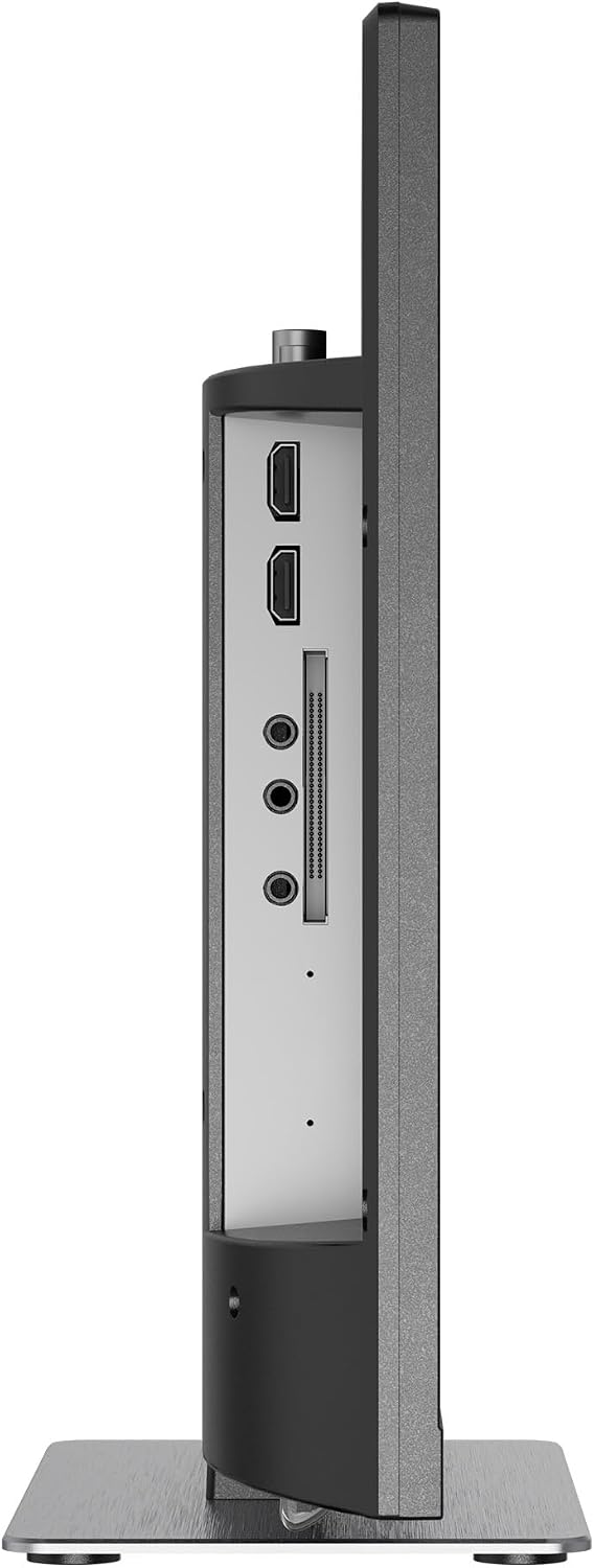 Rückseite eines Monitors mit Anschlüssen: HDMI, Audio-Buchsen und Kartenleser.