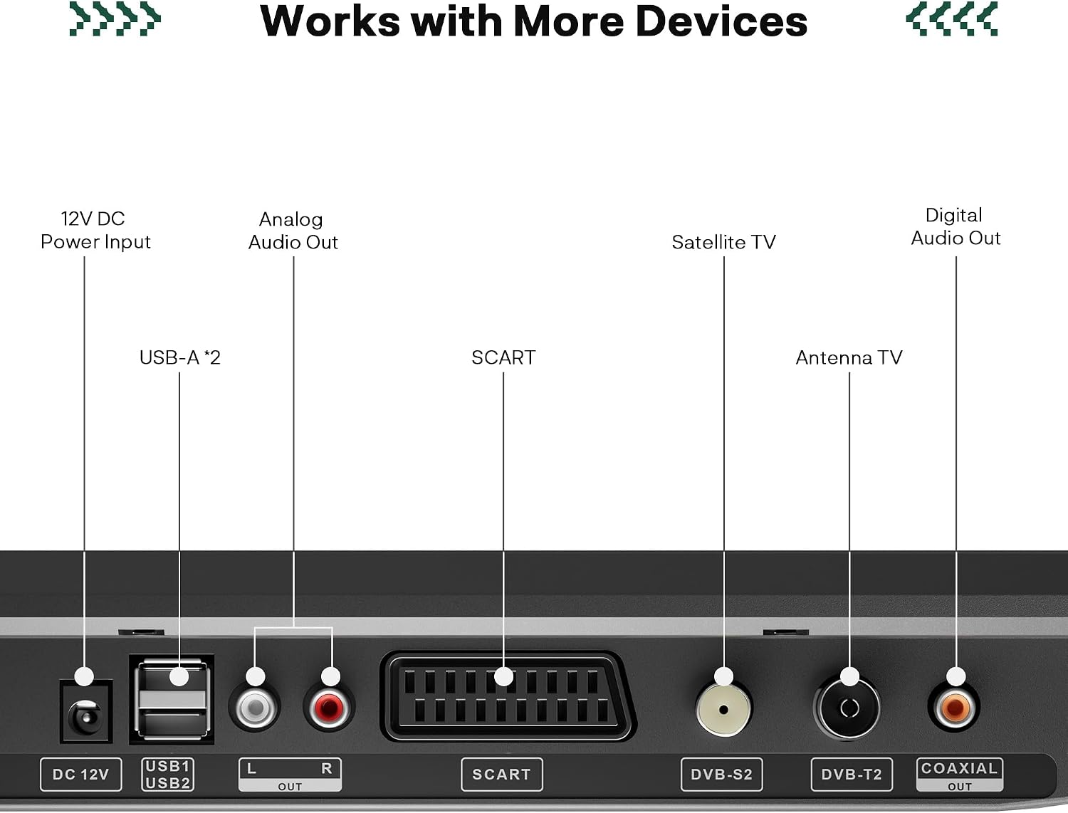 Rückseite eines Geräts mit Anschlüssen: DC 12V, USB, Audio, SCART, DVB-S2/T2, Koaxial.