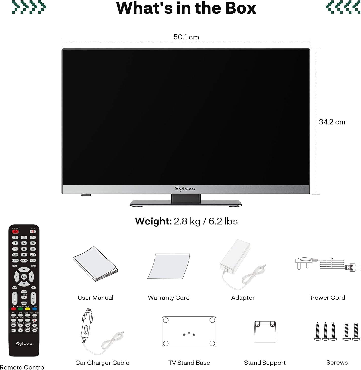 Inhalt: Fernseher, Fernbedienung, Anleitung, Garantie, Netzteil, Kabel, Ständer, Schrauben.