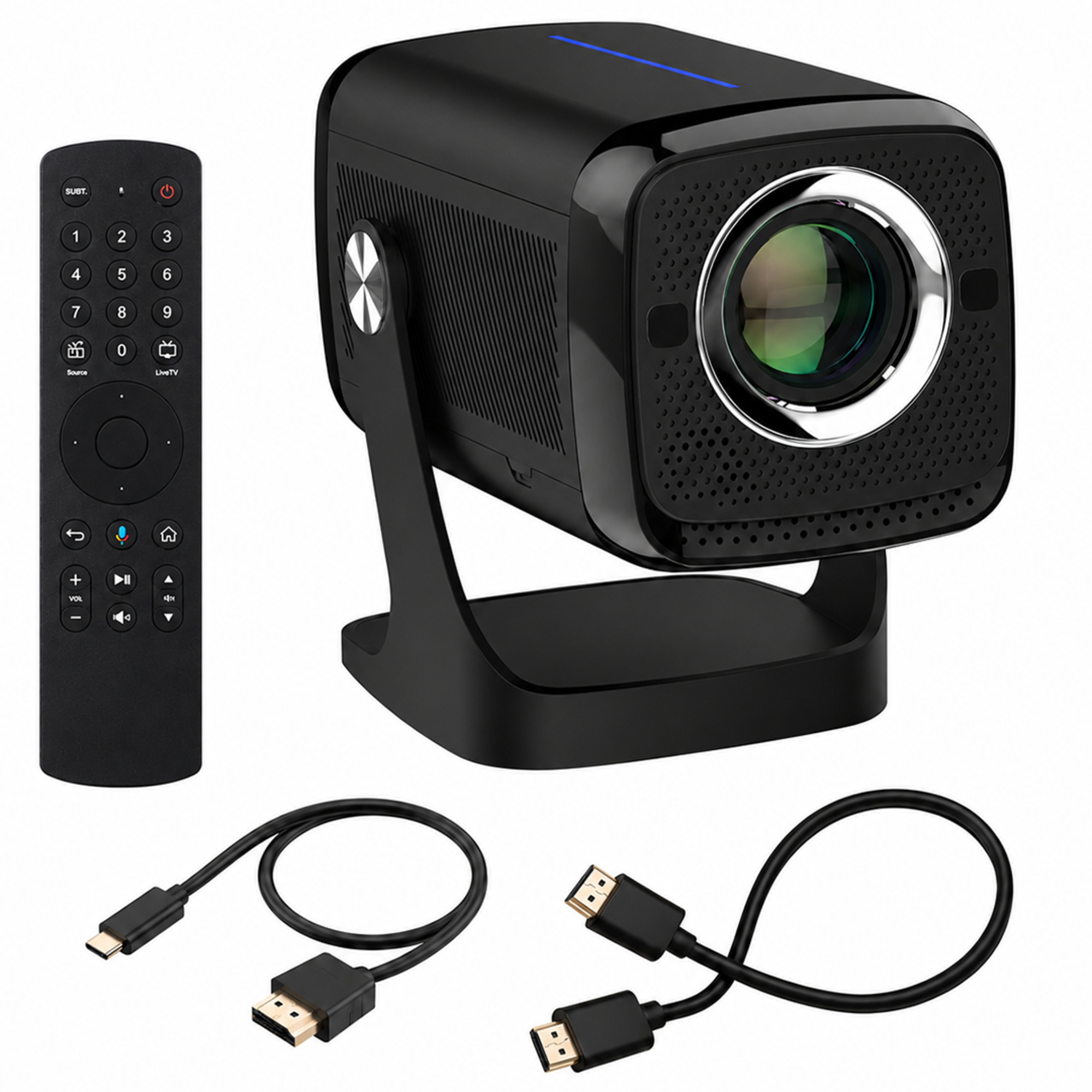 Black projector with remote and cables on a white background.