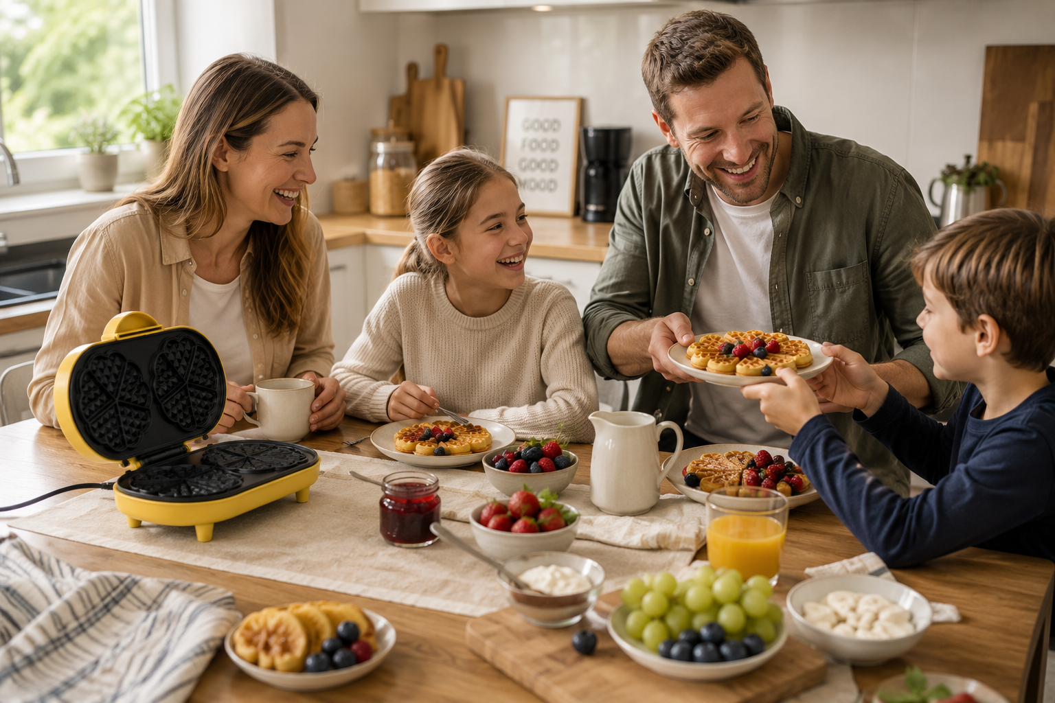 Una famiglia felice si gode waffle con frutti di bosco e succo per colazione in una cucina luminosa.