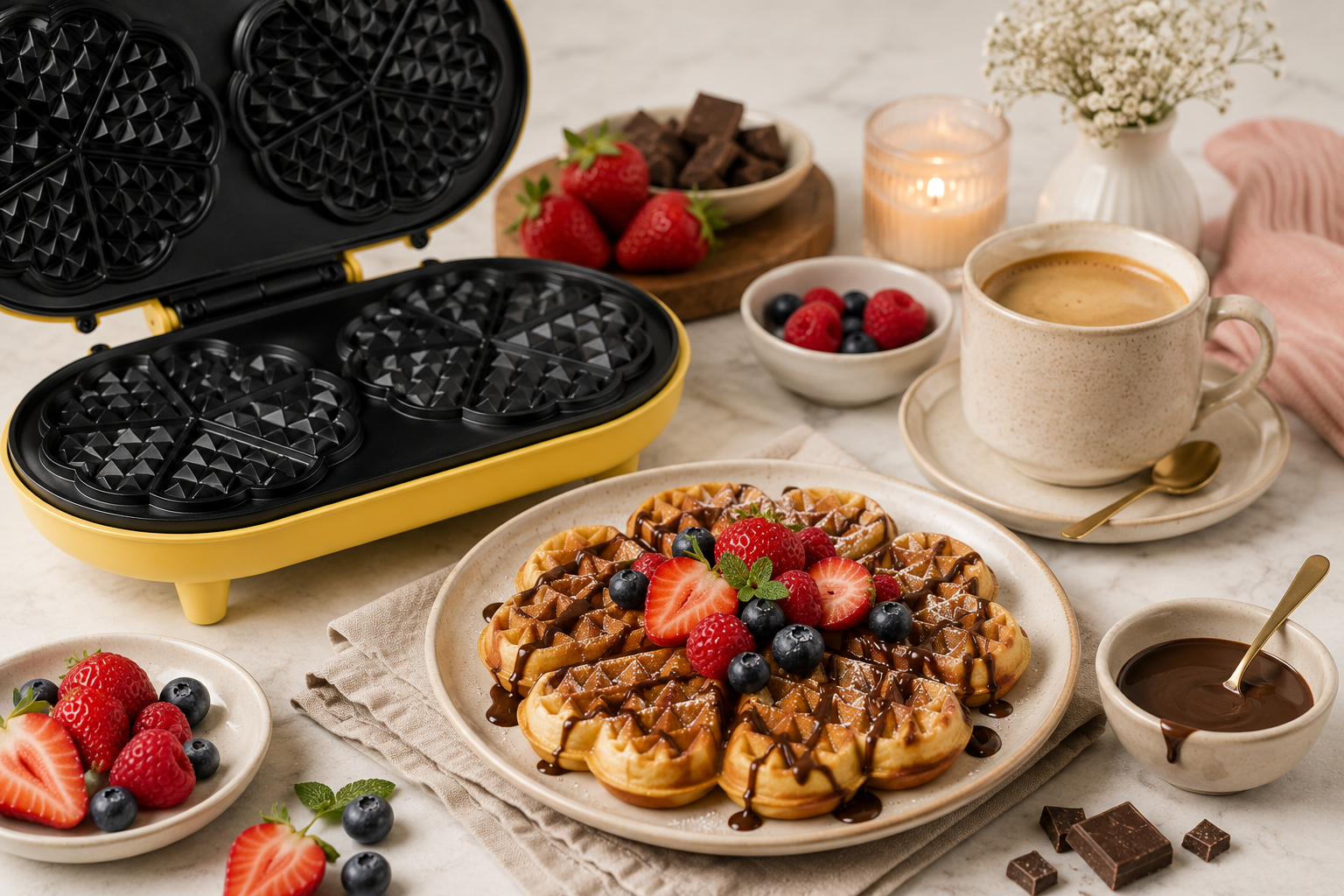 Una piastra per waffle gialla con waffle pronti, bacche e caffè.
