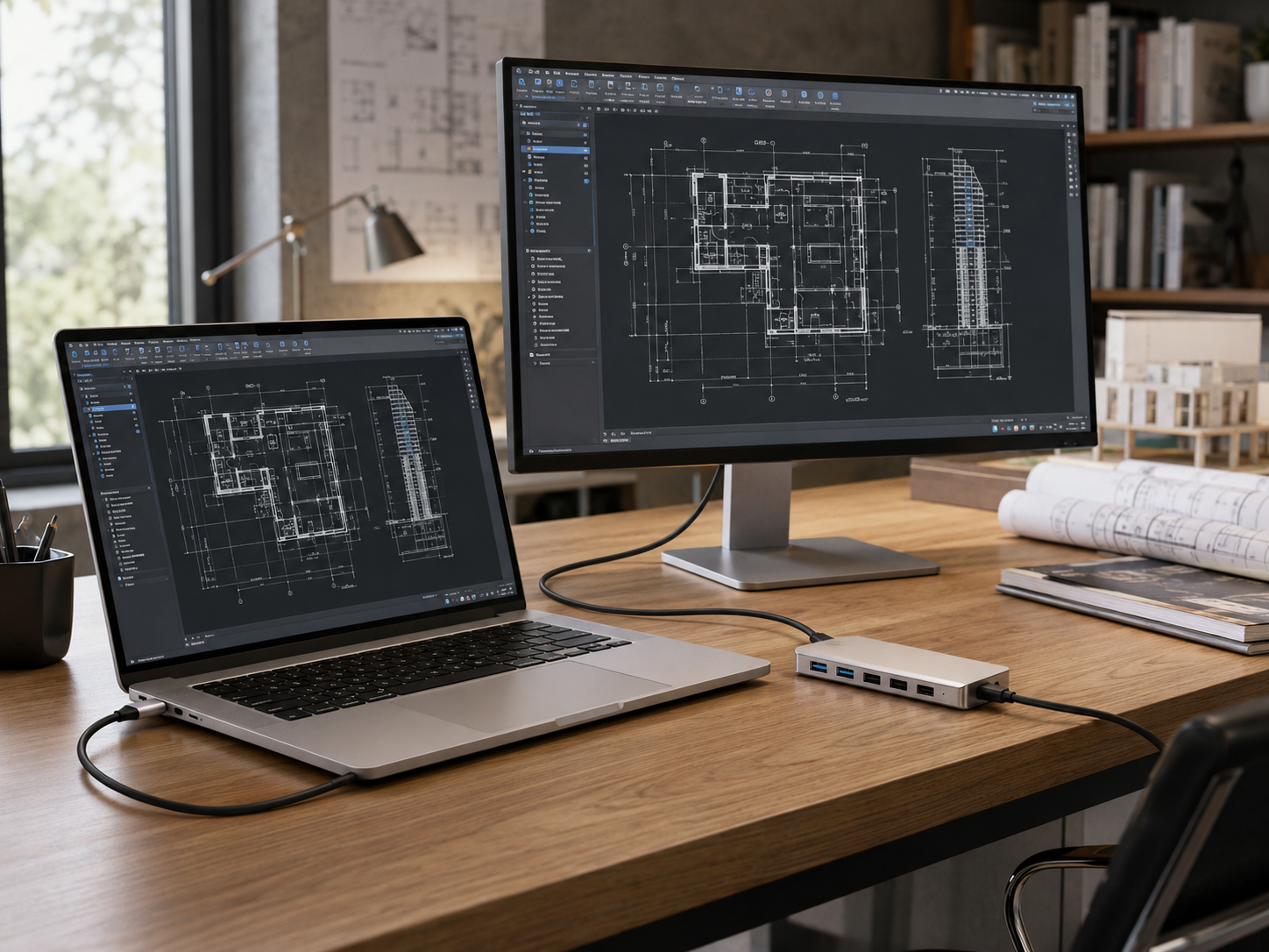Un portátil y un monitor muestran planos arquitectónicos en un escritorio de madera.
