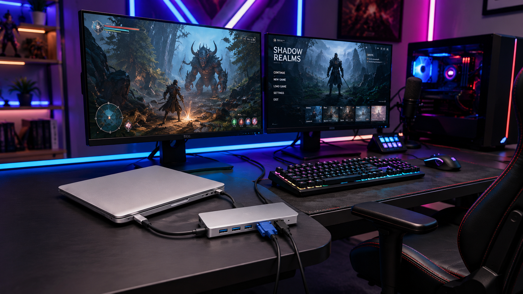 Una configuración de juego con dos monitores, teclado, ratón, PC y portátil.