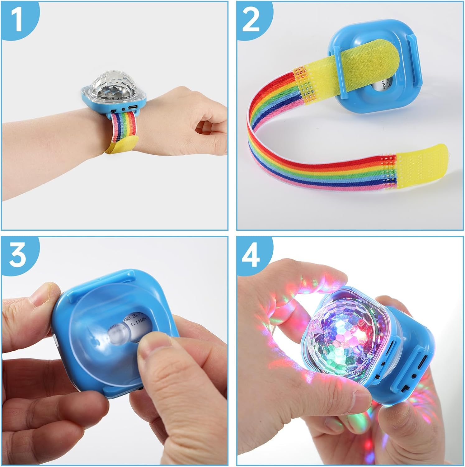 Blaue Armbanduhr mit Disco-Ball und Regenbogenband.