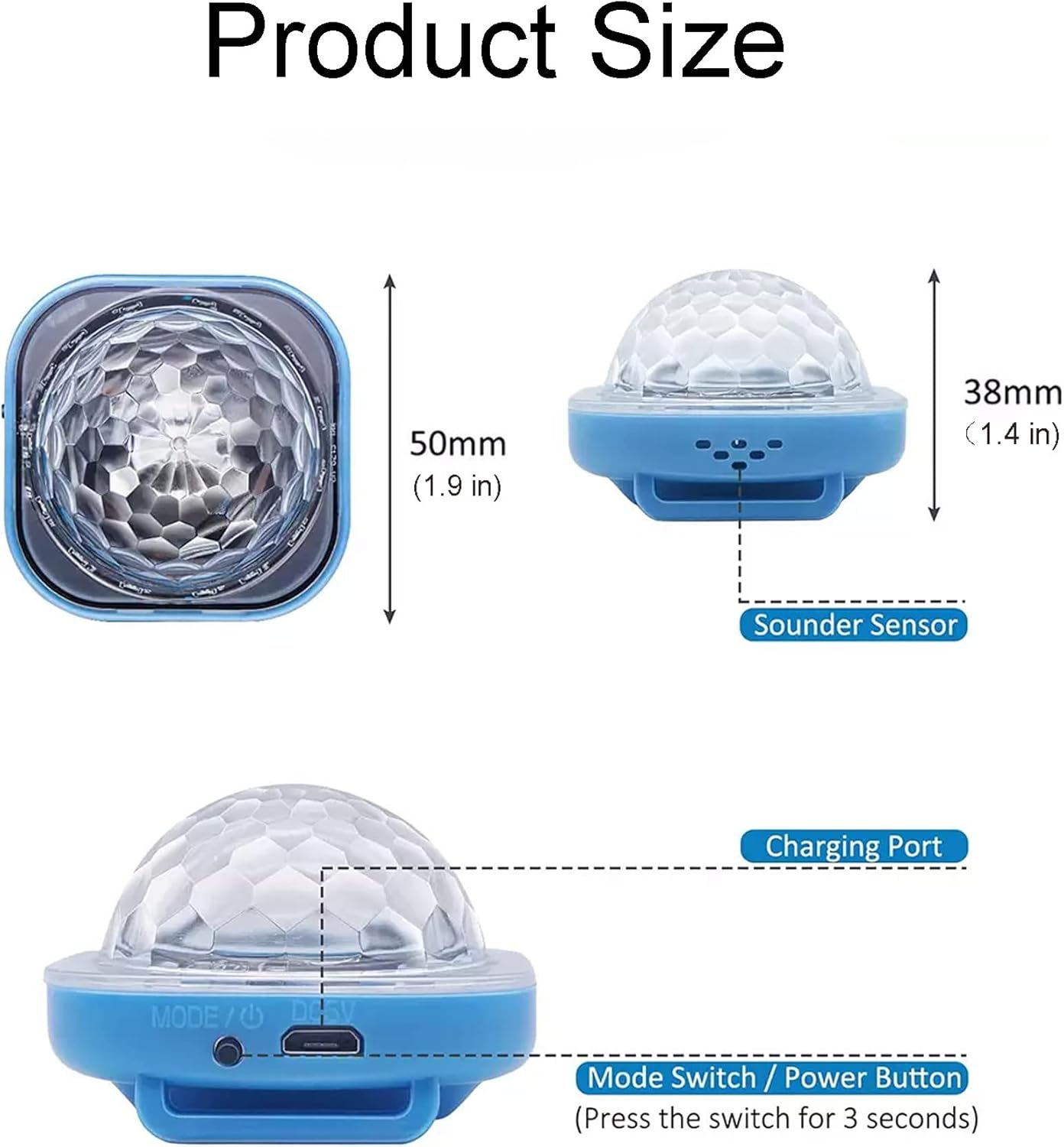 Blaue Discokugel-Leuchte mit Abmessungen. Verfügt über einen Sound-Sensor, Ladeanschluss und Netzschalter.