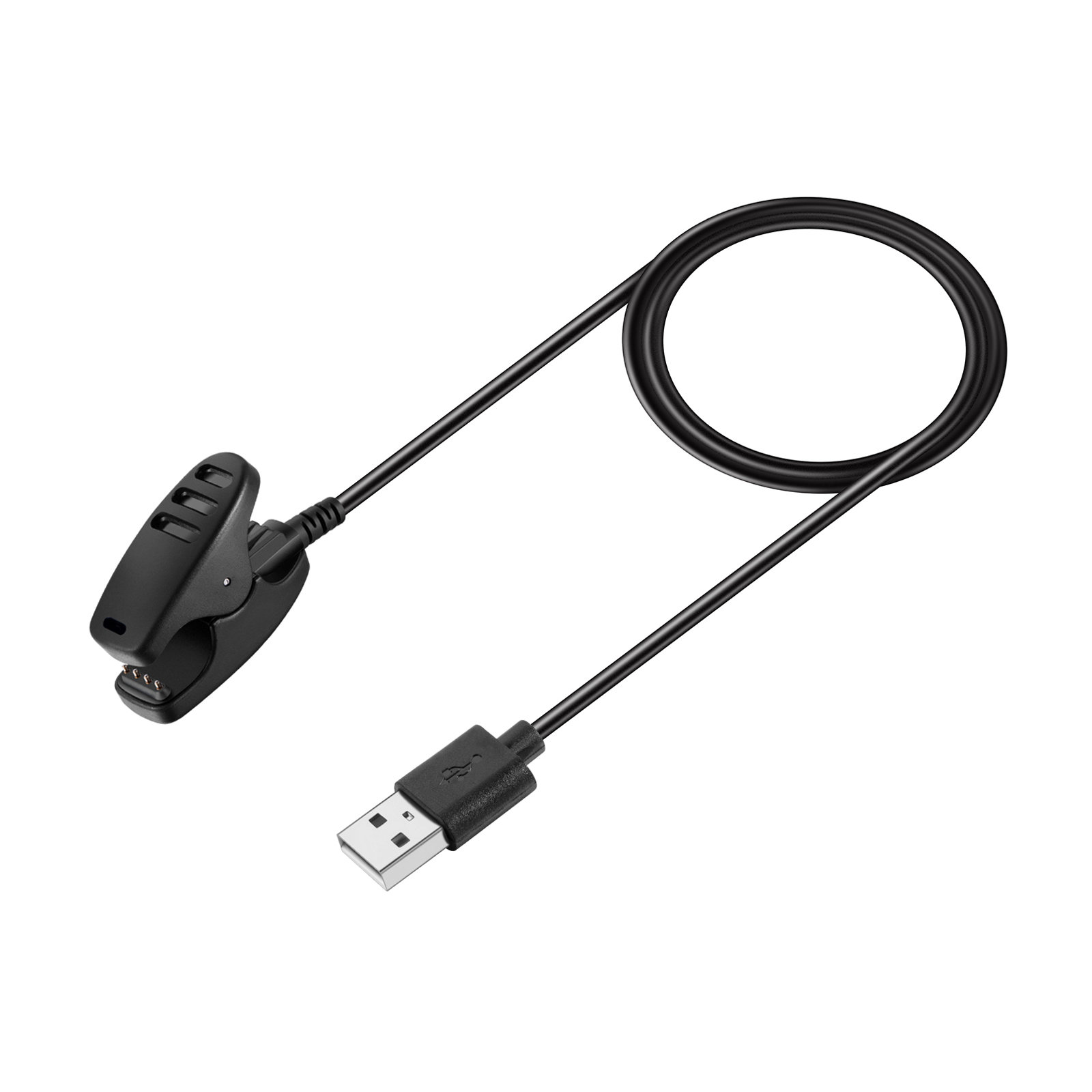 Schwarzes Ladekabel mit USB-Anschluss und Clip-Adapter auf weißem Hintergrund.