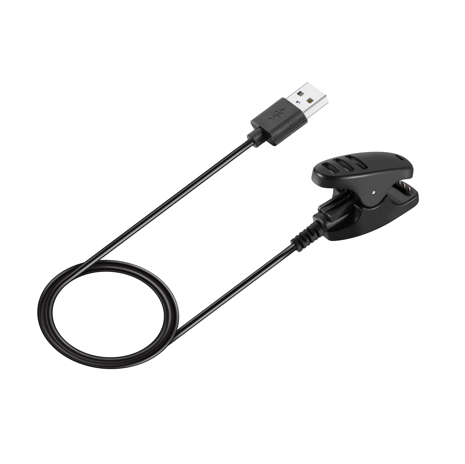 Schwarzes USB-Ladekabel mit Klipp-Anschluss, auf weißem Hintergrund.