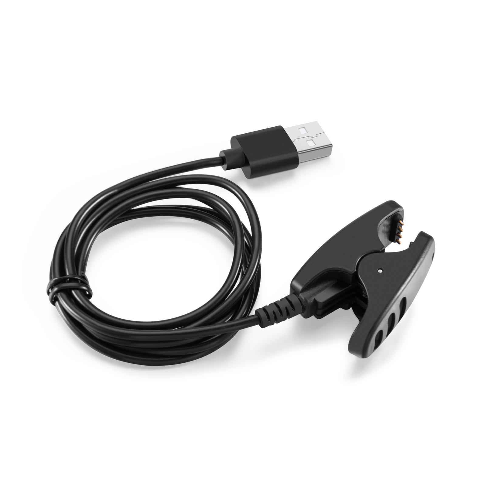 Schwarzes USB-Ladekabel mit Klick-Anschluss auf weißem Hintergrund.
