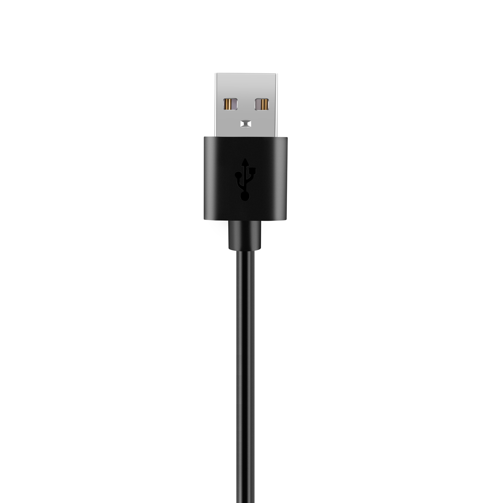 Ein schwarzes USB-Kabel mit einem silbernen Stecker und USB-Symbol.