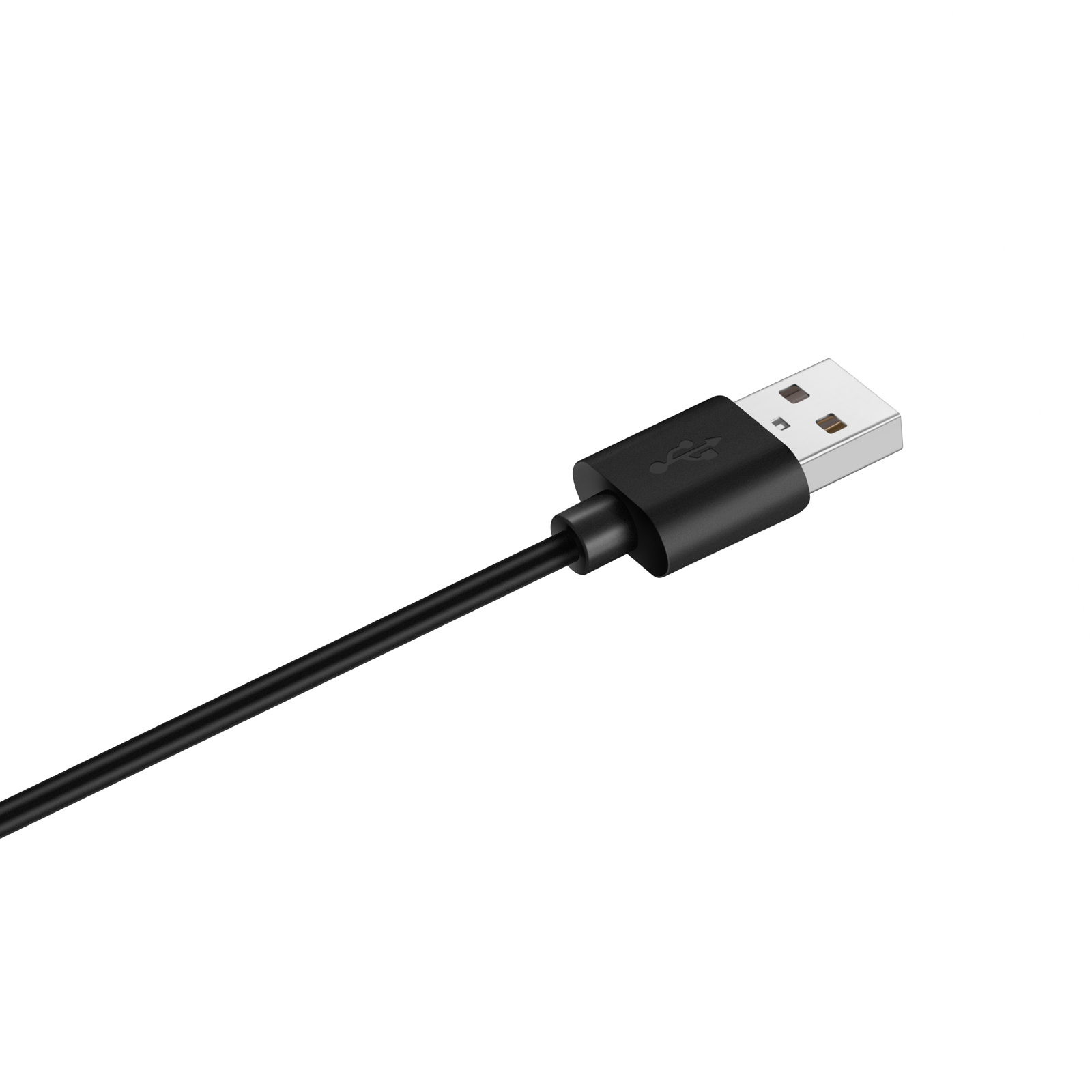 Ein schwarzes USB-Kabel mit einem silbernen Stecker auf weißem Hintergrund.
