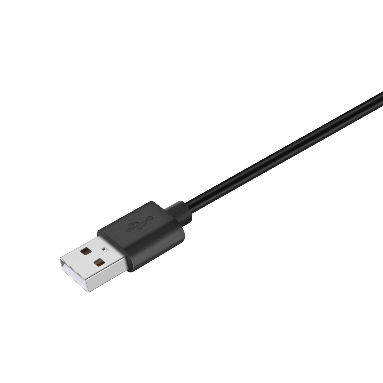 Ein schwarzes USB-Kabel mit einem silbernen Anschluss auf weißem Hintergrund.