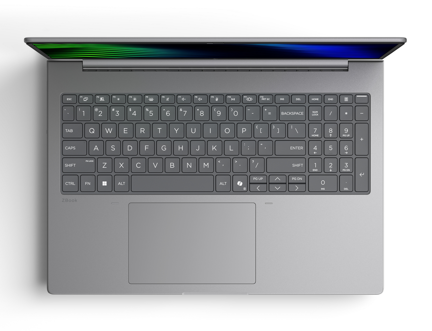 Laptop grigio con coperchio aperto che mostra uno schermo a strisce verdi.