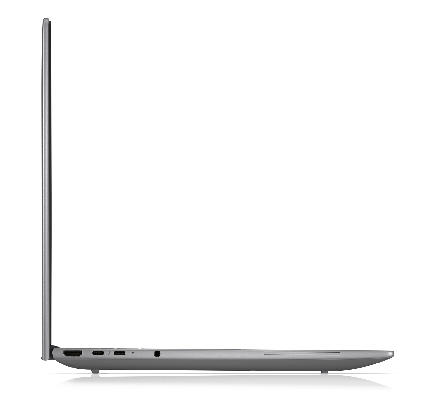 Vista laterale di un laptop grigio che mostra le porte: HDMI, 2x USB-C, jack cuffie.