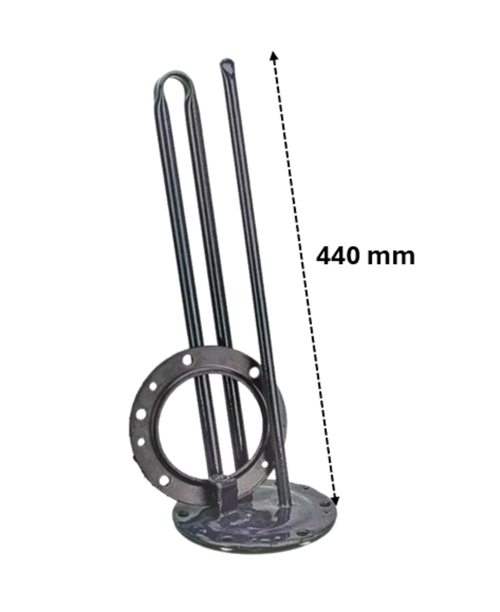Una pieza metálica oscura con tres varillas, una doblada, y una brida. Longitud 440 mm.