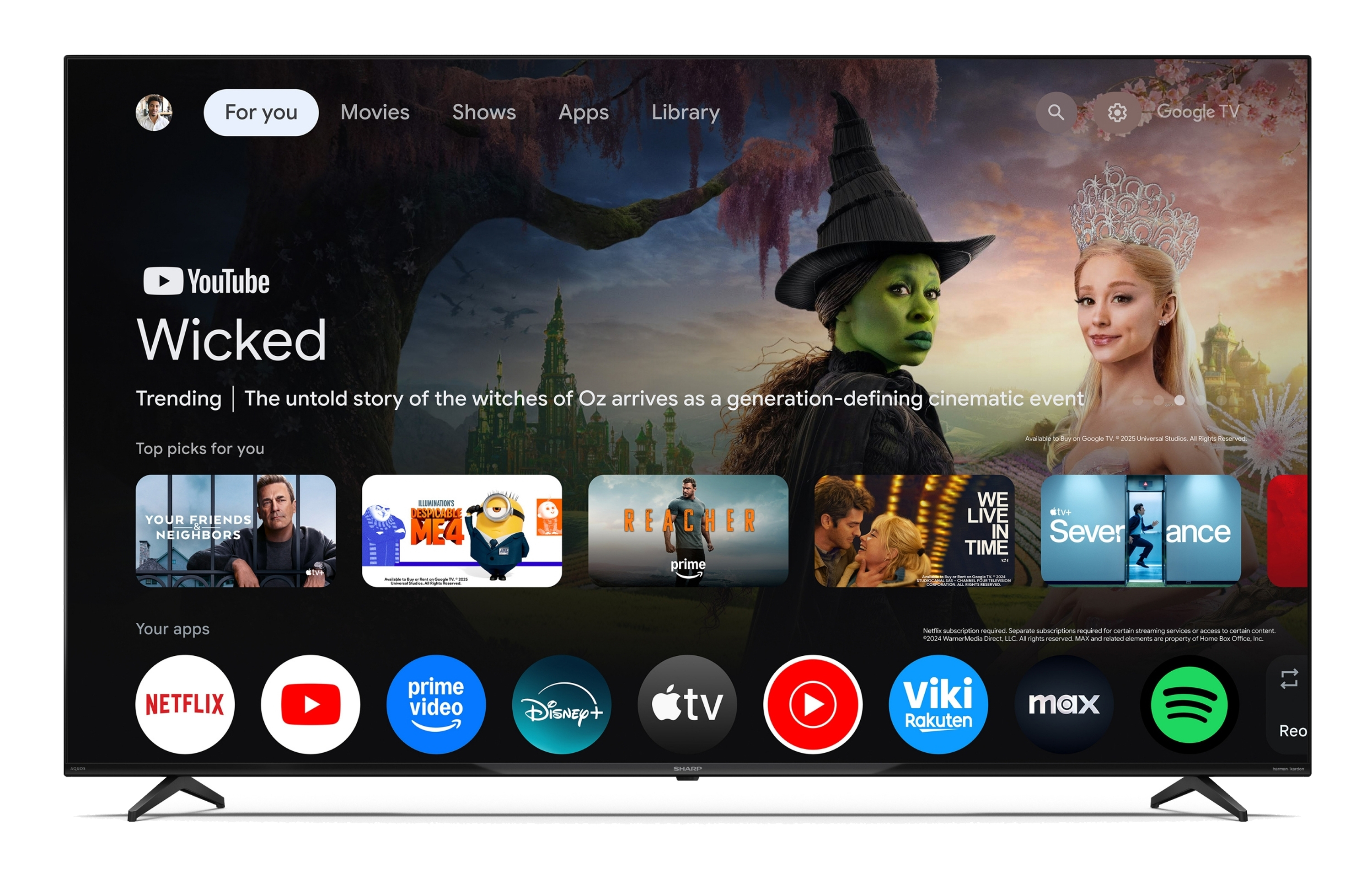 Google TV-Startbildschirm mit Filmtrailern, Apps und dem YouTube-Logo für "Wicked".