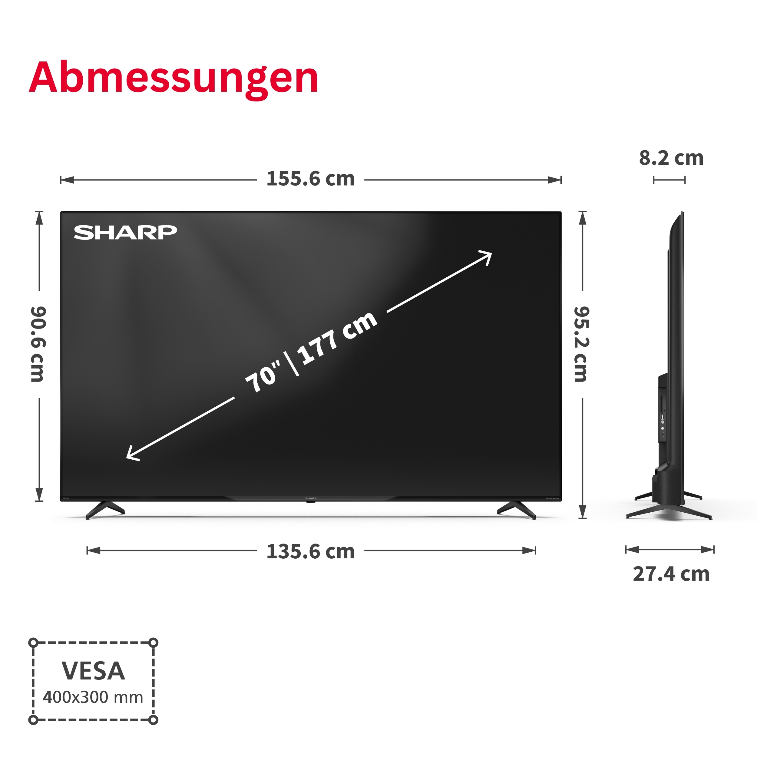 Abmessungen eines 70-Zoll-Sharpt-Fernsehers: 155,6x90,6x8,2 cm.