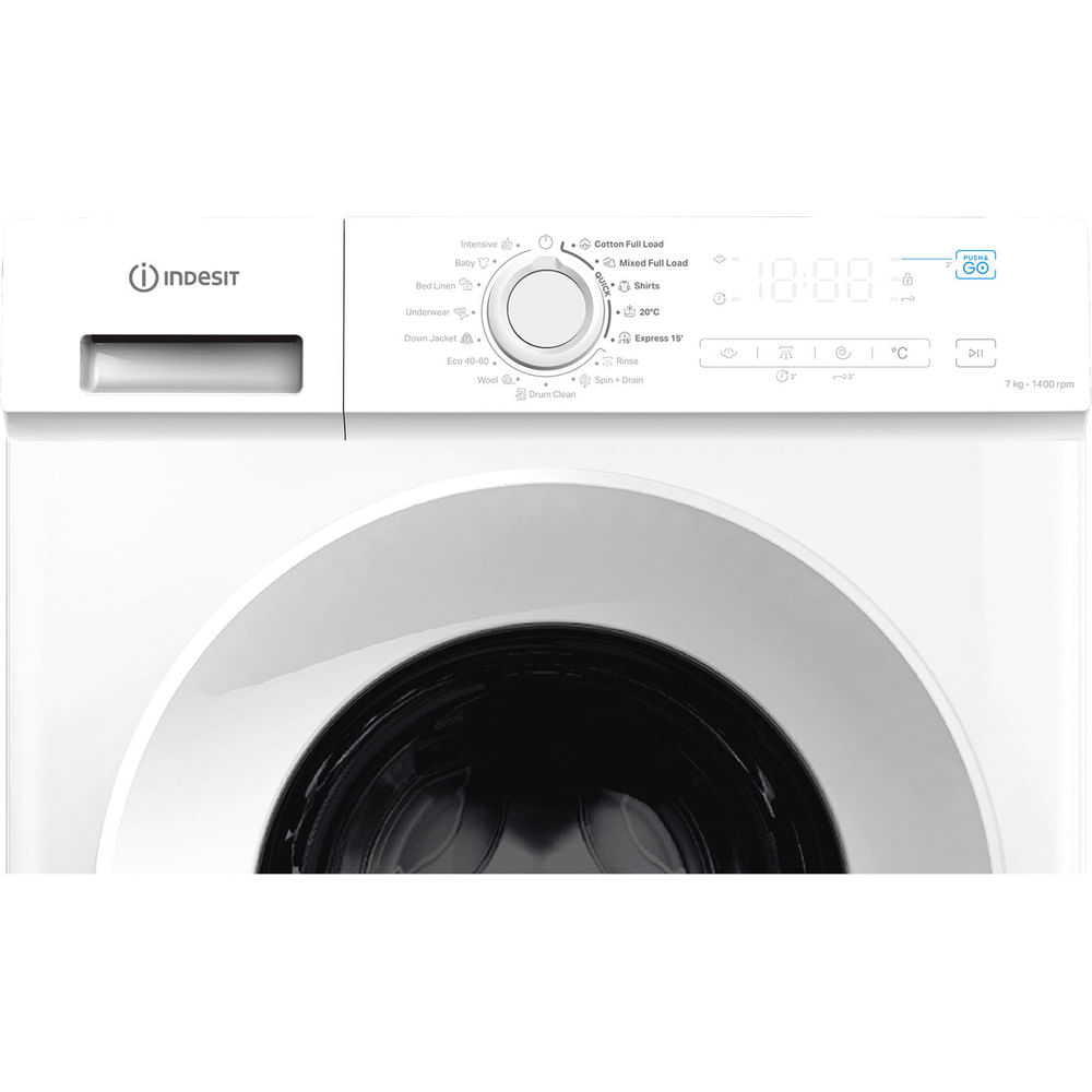 Witte wasmachine met bedieningspaneel en ronde trommelopening. Programma's: Baby, Wol, 20°C.