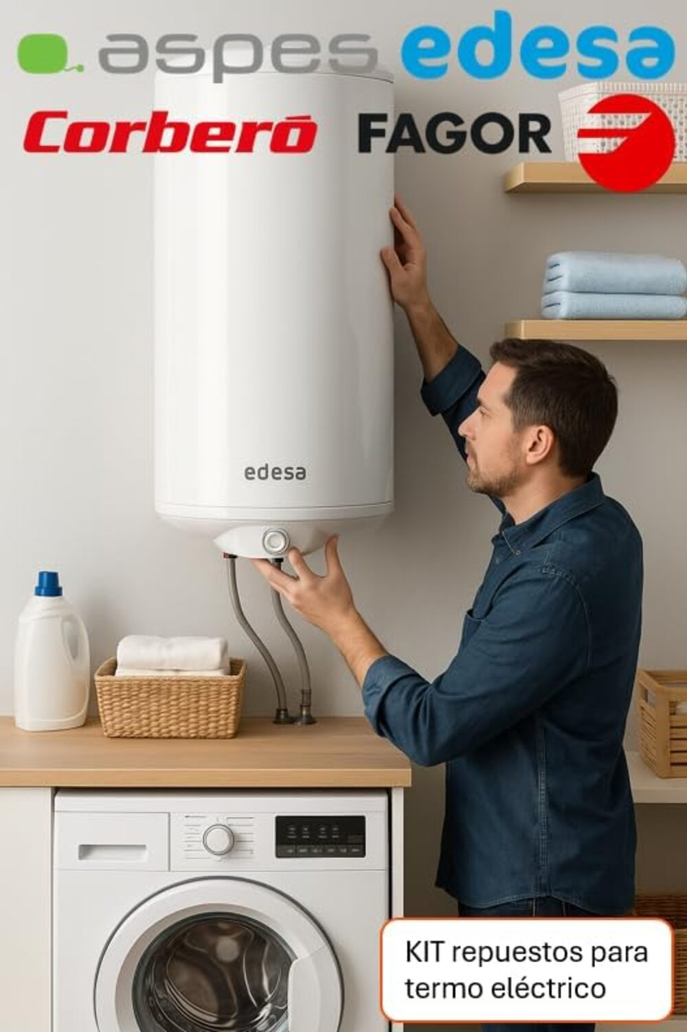 Hombre instala termo eléctrico blanco Edesa junto a lavadora. Suministros en estantería.