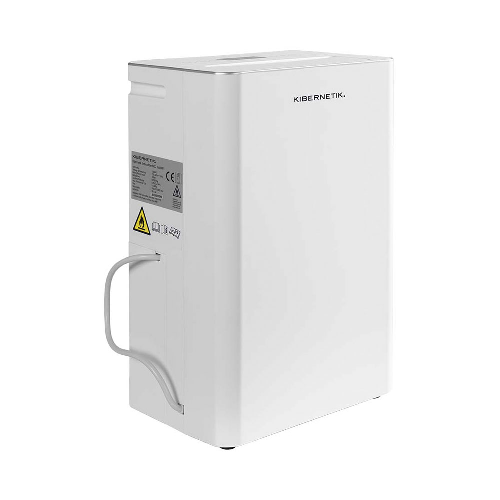 Un purificateur d'air blanc Kibernetik avec un cordon gris et des symboles d'avertissement.