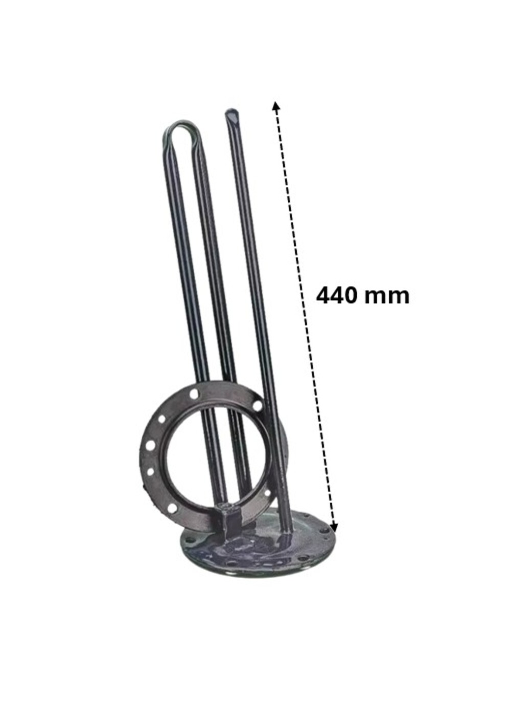Un elemento calefactor metálico oscuro con brida, 440 mm de largo.