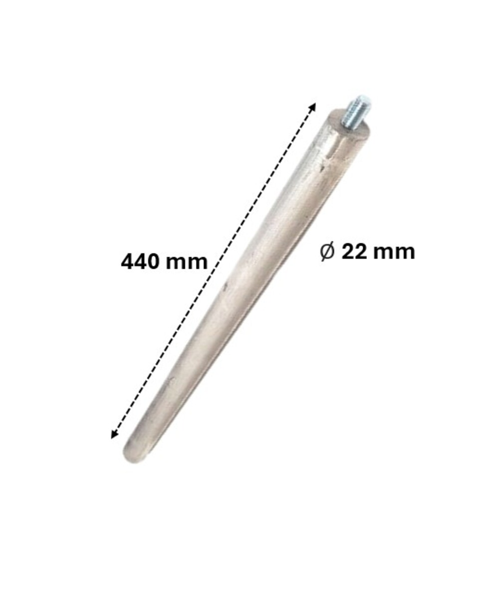 Una pata de mueble plateada, 440 mm de largo, 22 mm de diámetro.