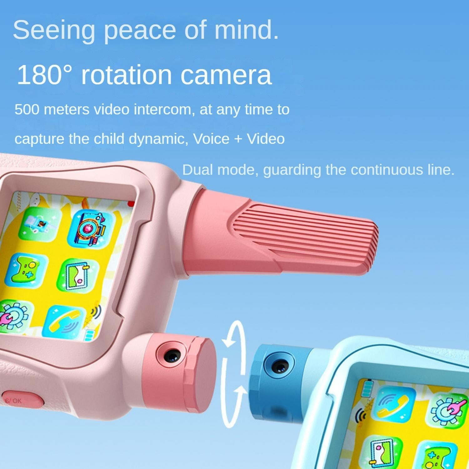 Zwei Babyphones mit 180° drehbarer Kamera, rosa und blau.