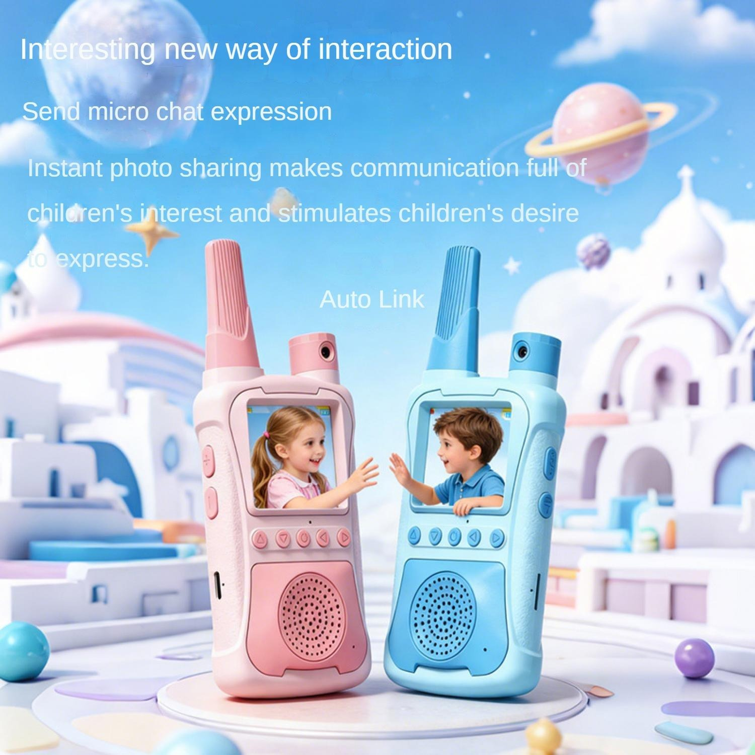 Zwei bunte Walkie-Talkies mit Kindern auf Bildschirmen in einer fantasievollen Landschaft.