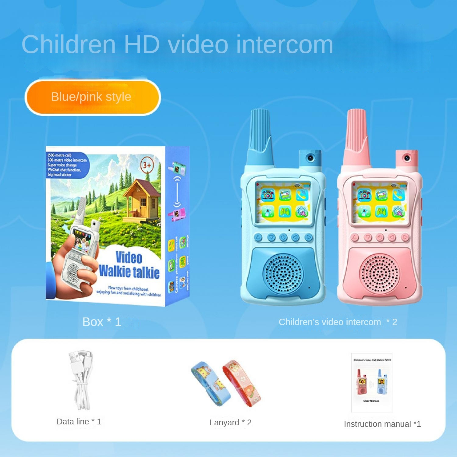Blaues und rosafarbenes Video-Walkie-Talkie-Set mit Zubehör.