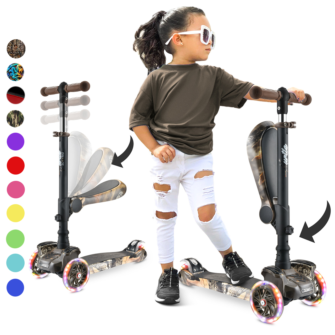 Ein Mädchen mit weißer Sonnenbrille und zerrissener Jeans steht auf einem dreirädrigen Roller mit leuchtenden Rädern.
