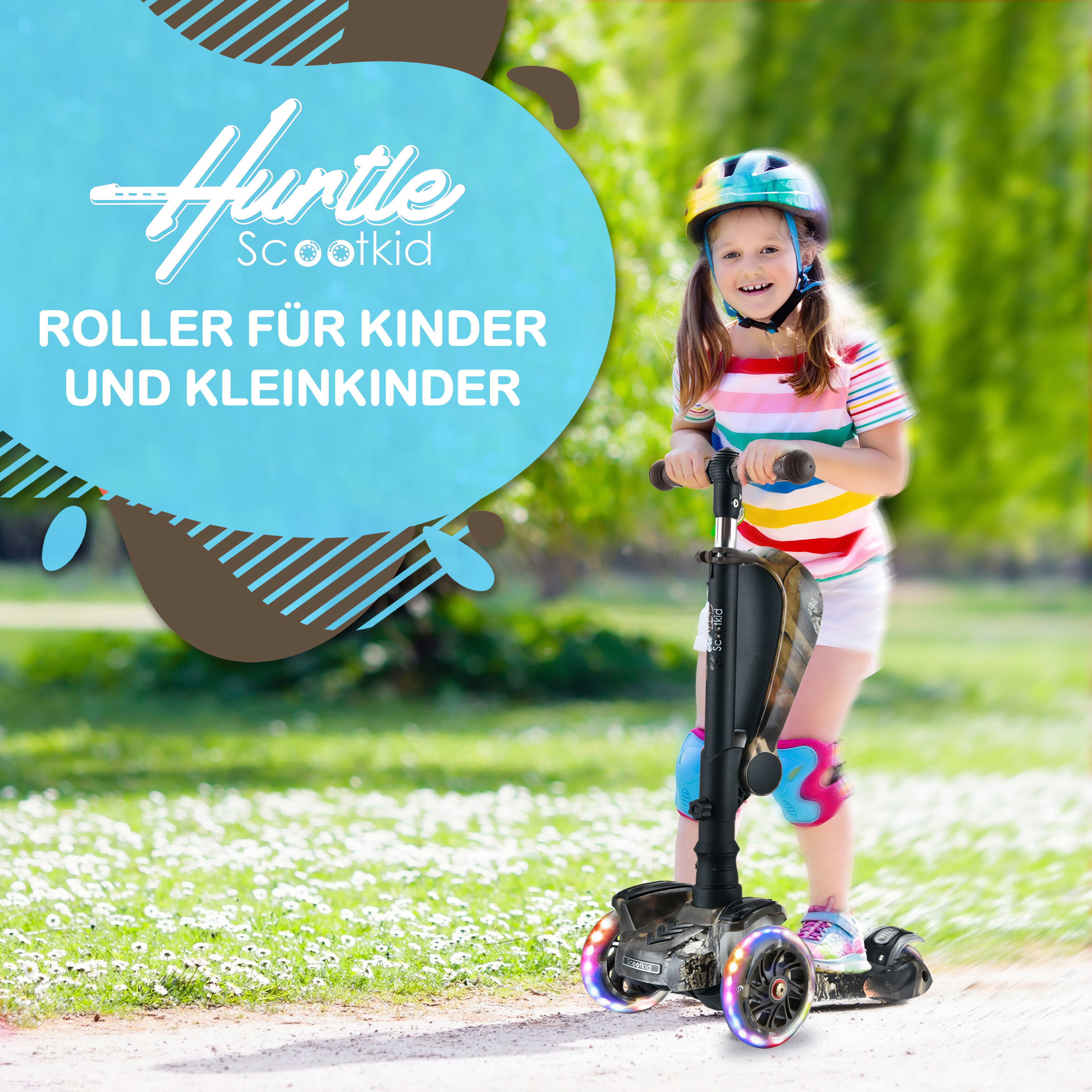 Ein Mädchen mit Helm fährt einen Roller mit leuchtenden Rädern im Freien.