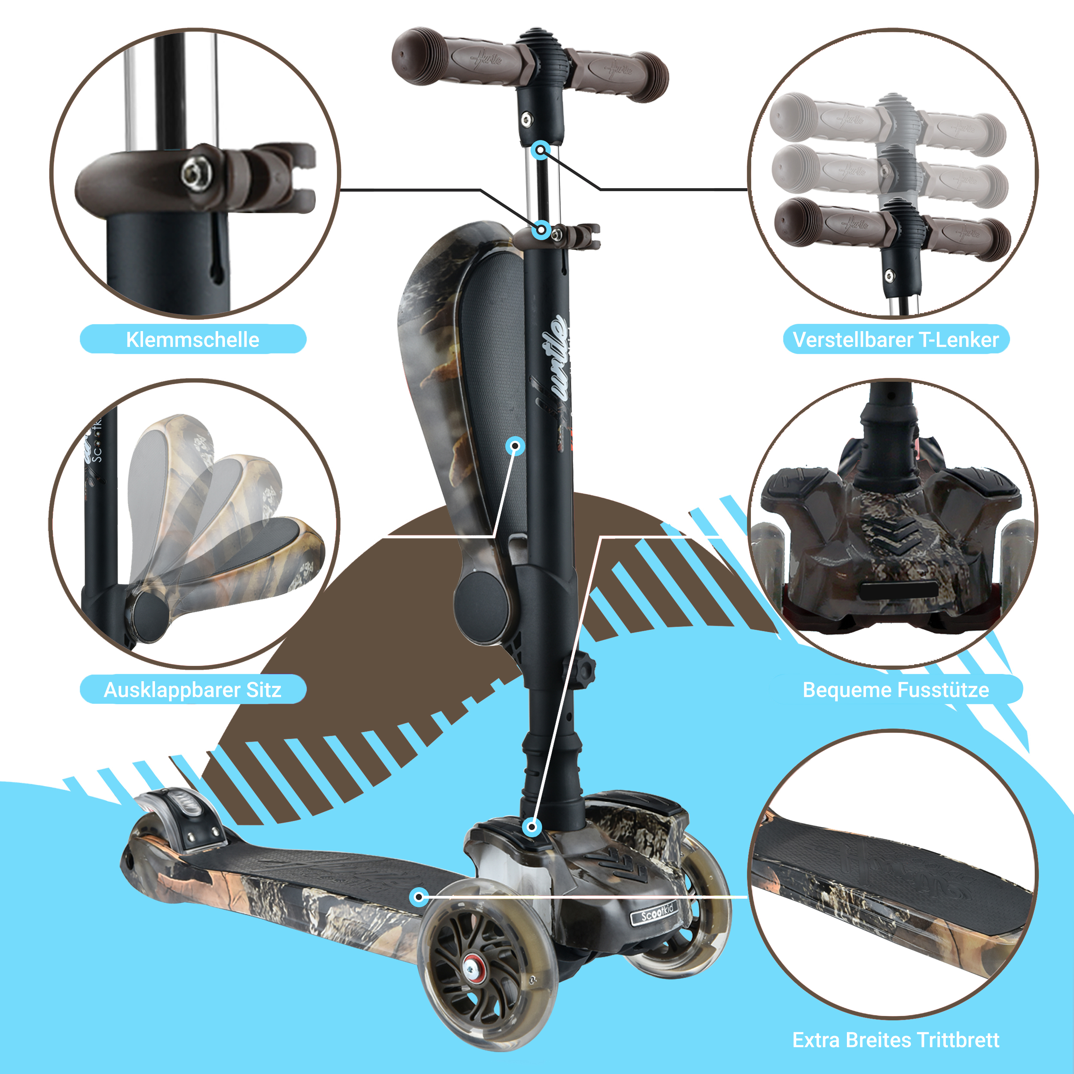 Ein dreirädriger Roller mit verstellbarem Lenker, ausklappbarem Sitz und breitem Trittbrett.