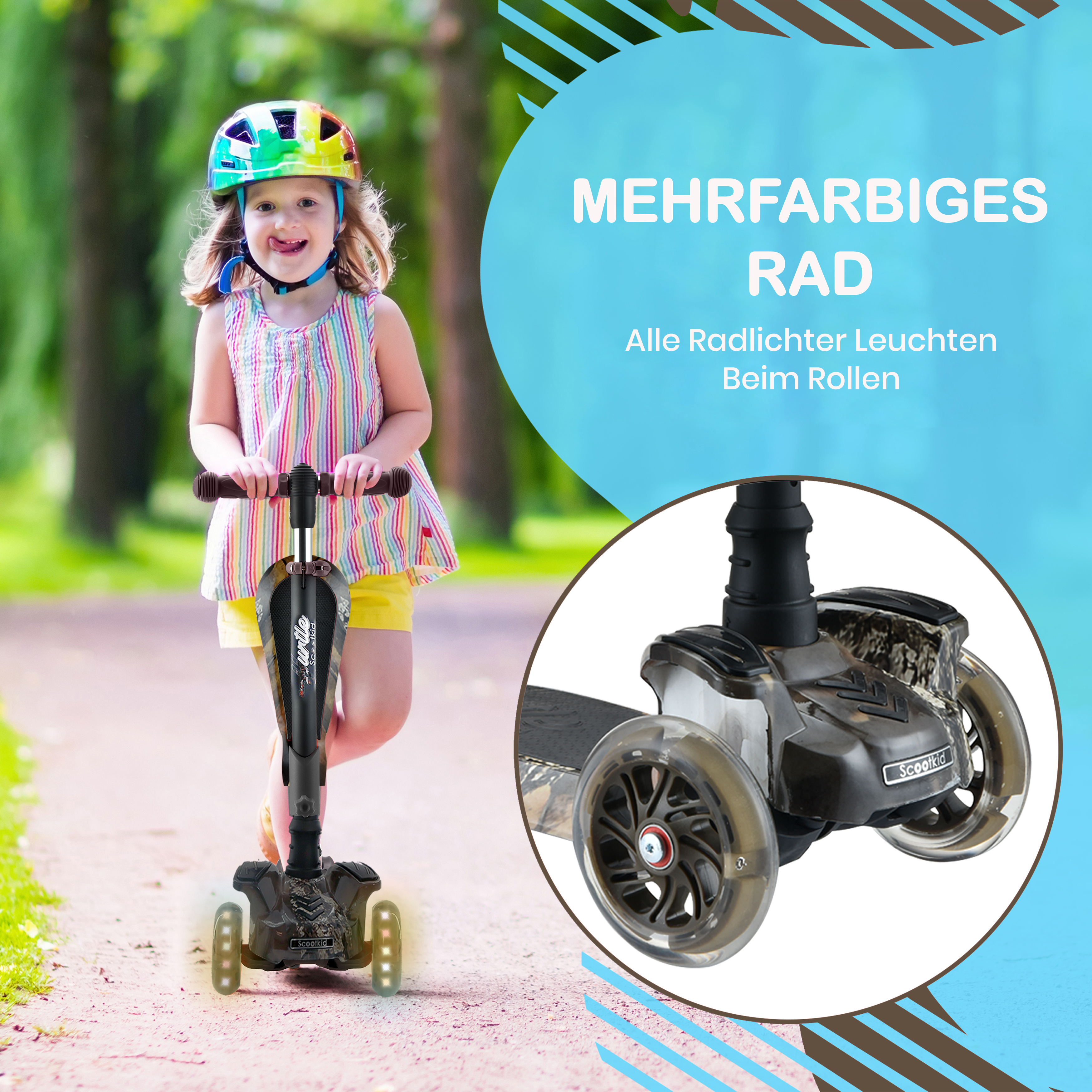 Ein kleines Mädchen mit einem bunten Helm fährt einen Roller mit leuchtenden Rädern.