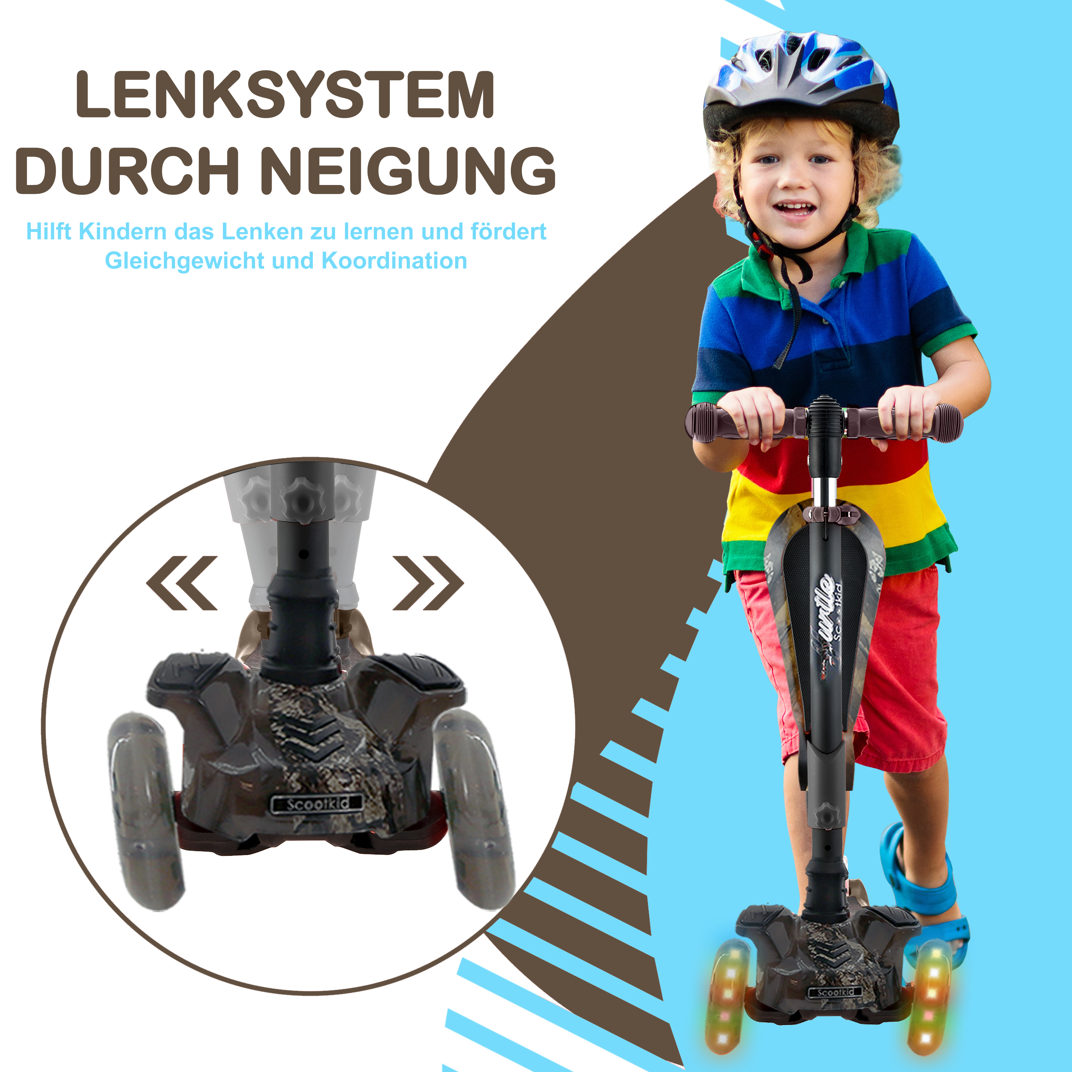Ein Junge mit Helm fährt einen Roller mit leuchtenden Rädern.