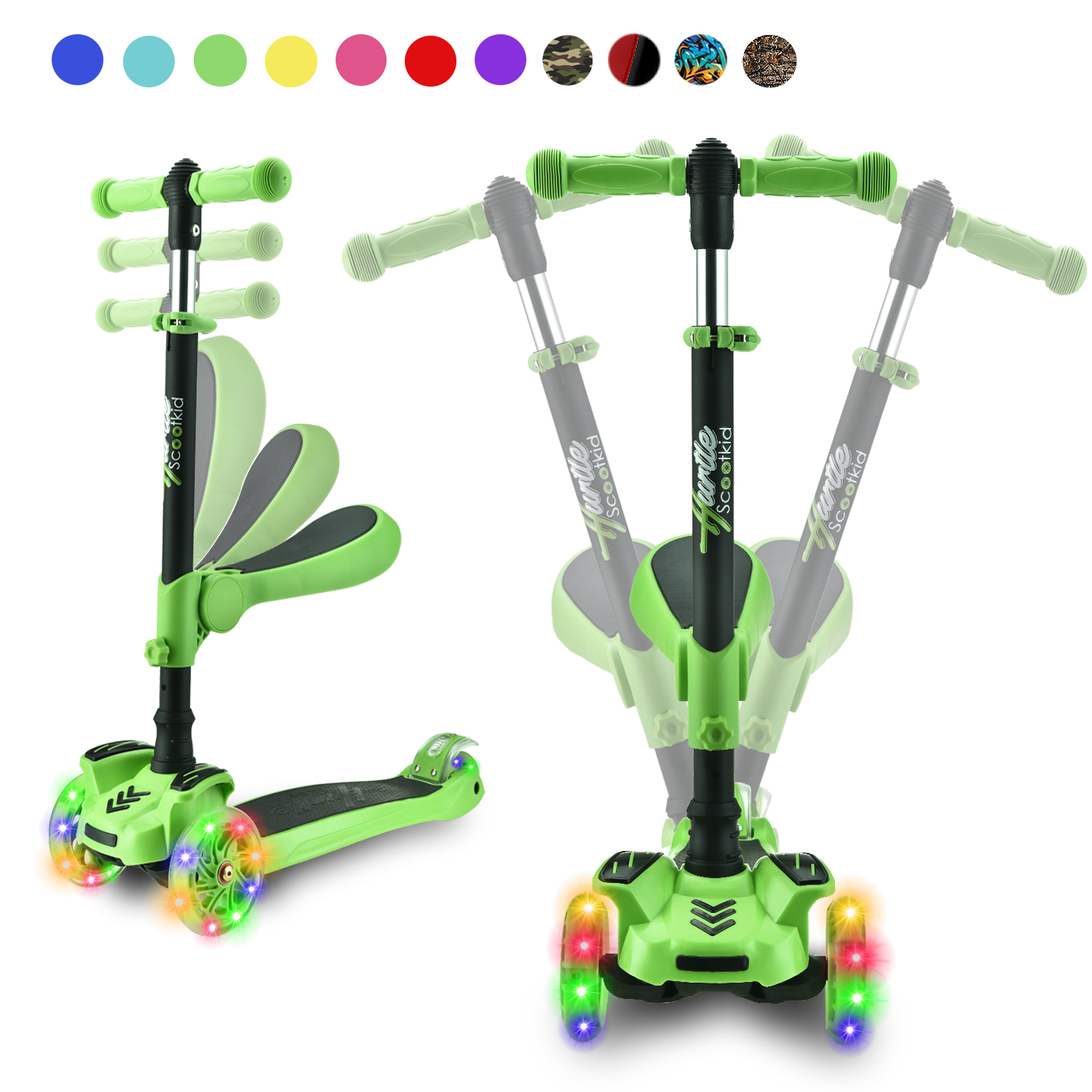 Grüner Dreirad-Roller mit LED-Rädern und abnehmbarem Sitz.