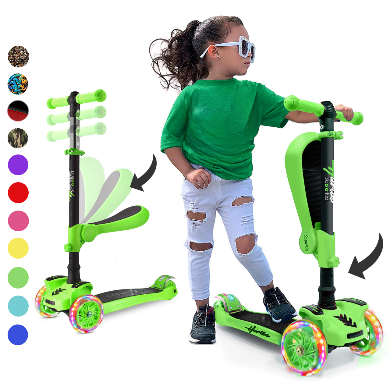 Ein grüner Roller mit drei Rädern und leuchtenden Lichtern, auf dem ein Mädchen mit weißen zerrissenen Jeans steht.