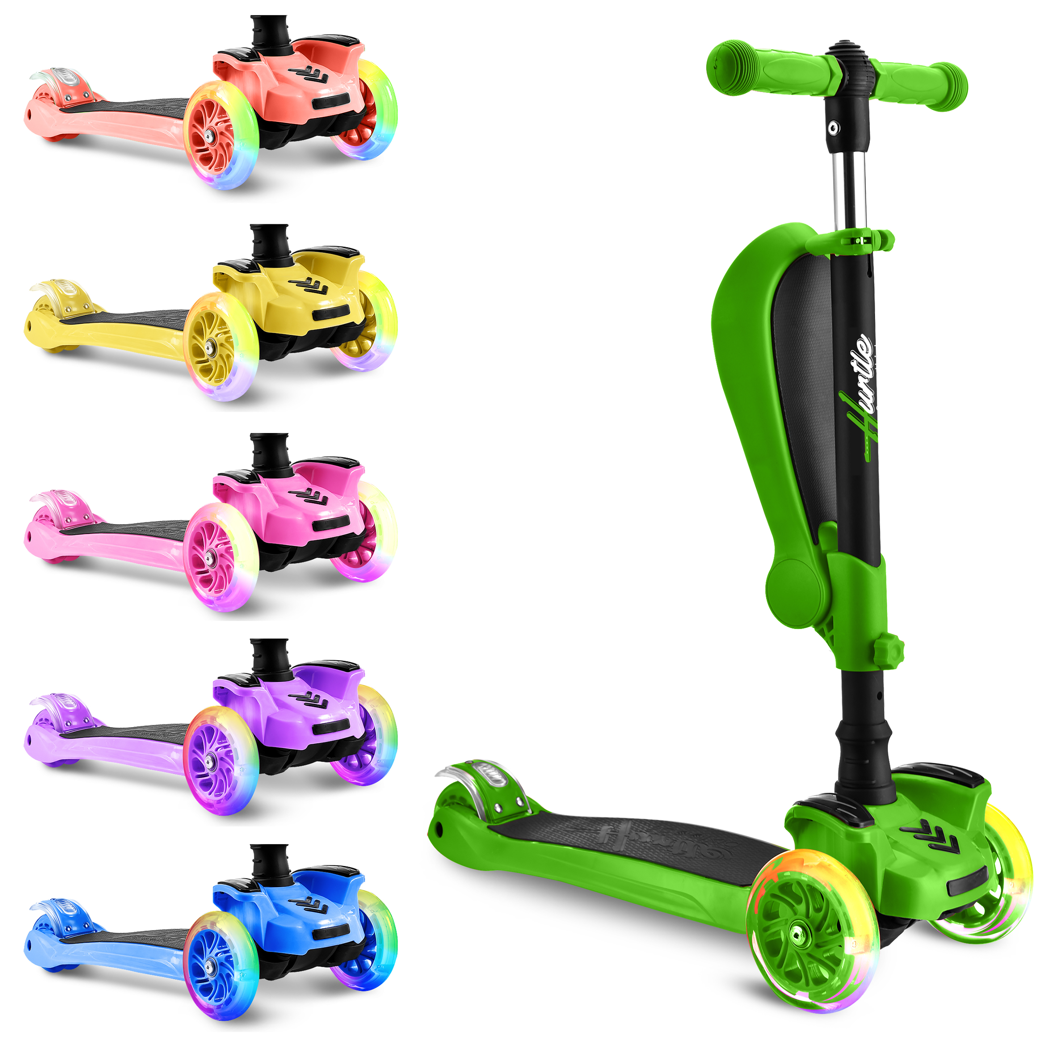 Mehrere Roller in verschiedenen Farben mit leuchtenden Rädern.