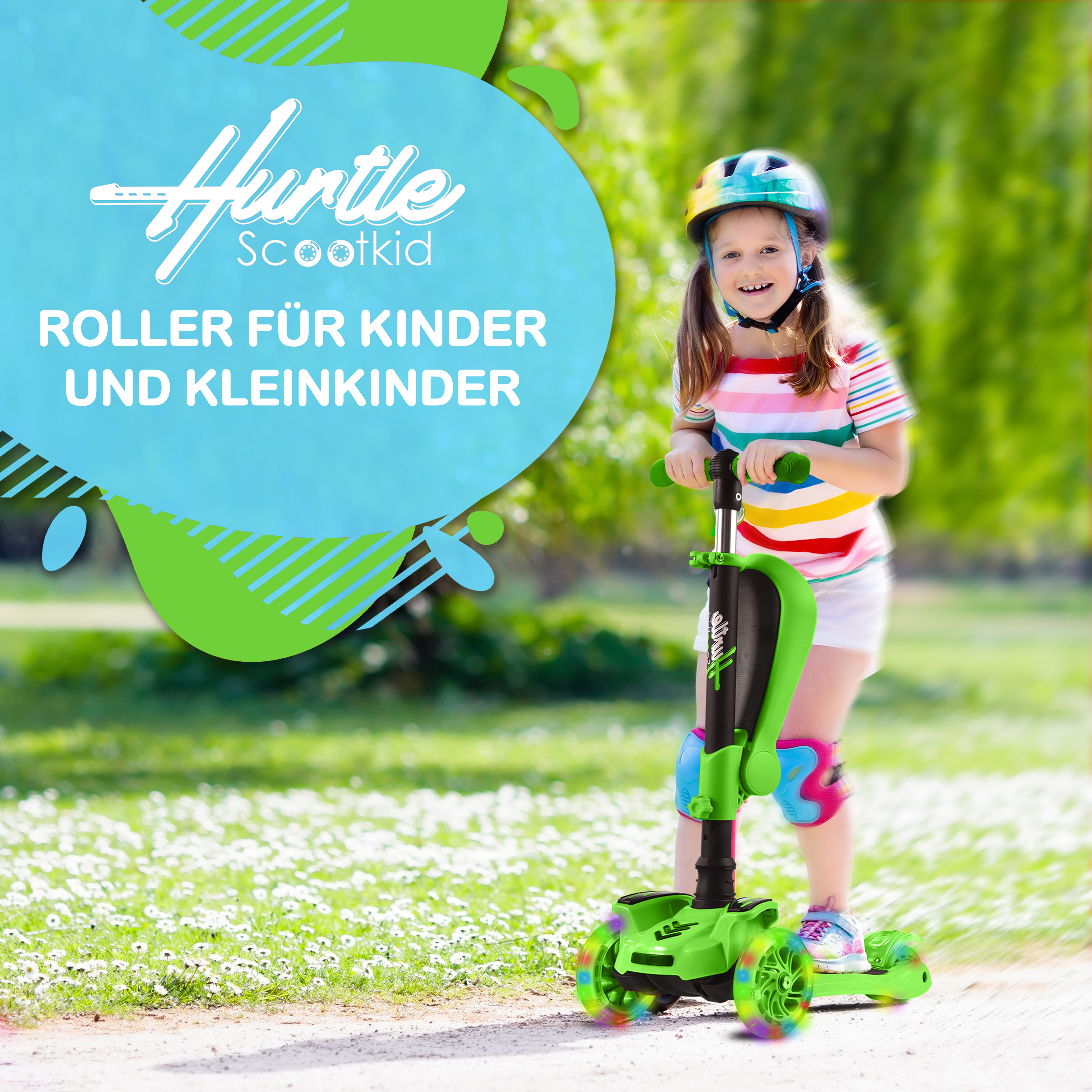 Ein Mädchen mit Helm fährt einen grünen Roller mit leuchtenden Rädern im Freien.