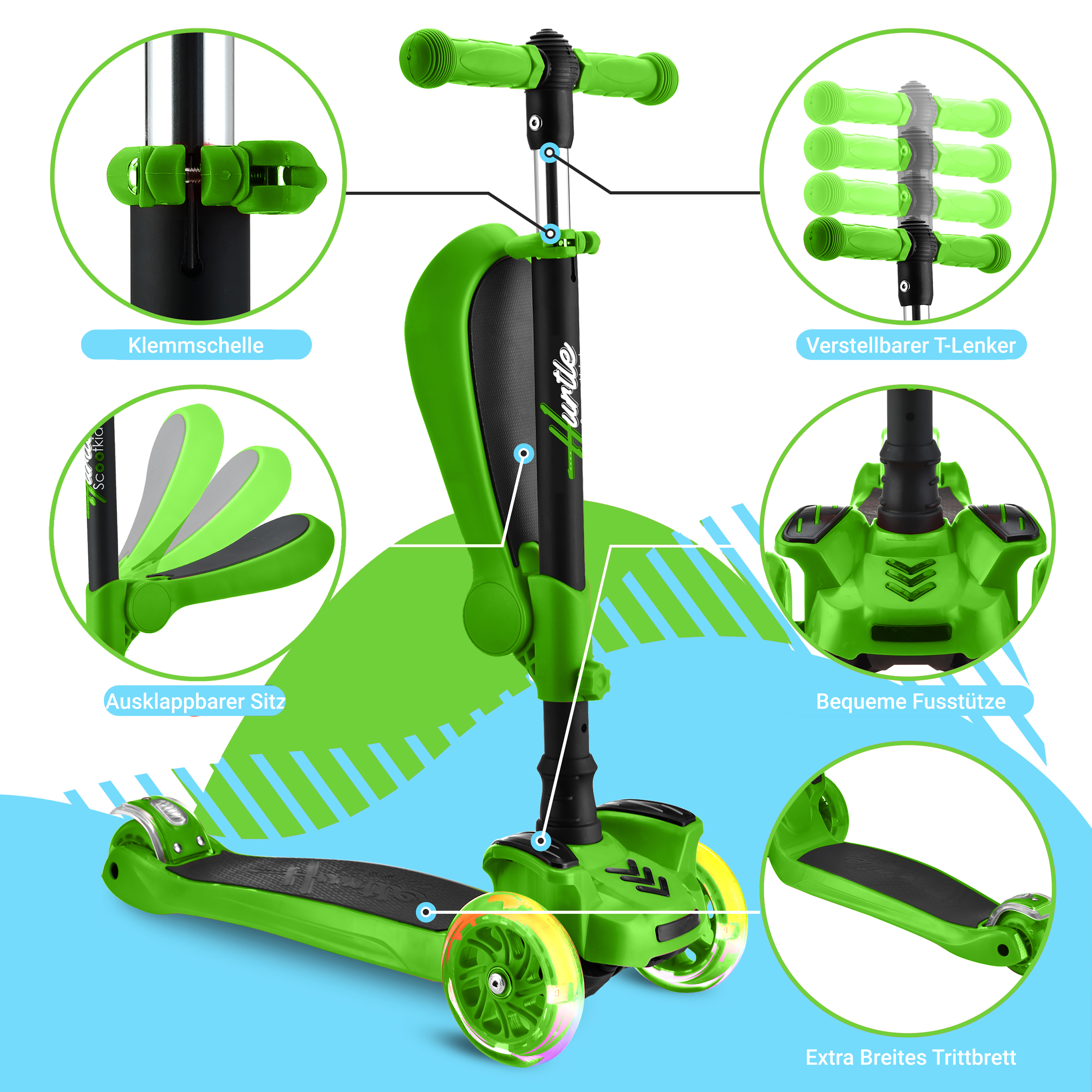 Ein grüner Roller mit verstellbarem Lenker und Sitz. Zeigt Details wie Klemmschelle, Fußstütze.