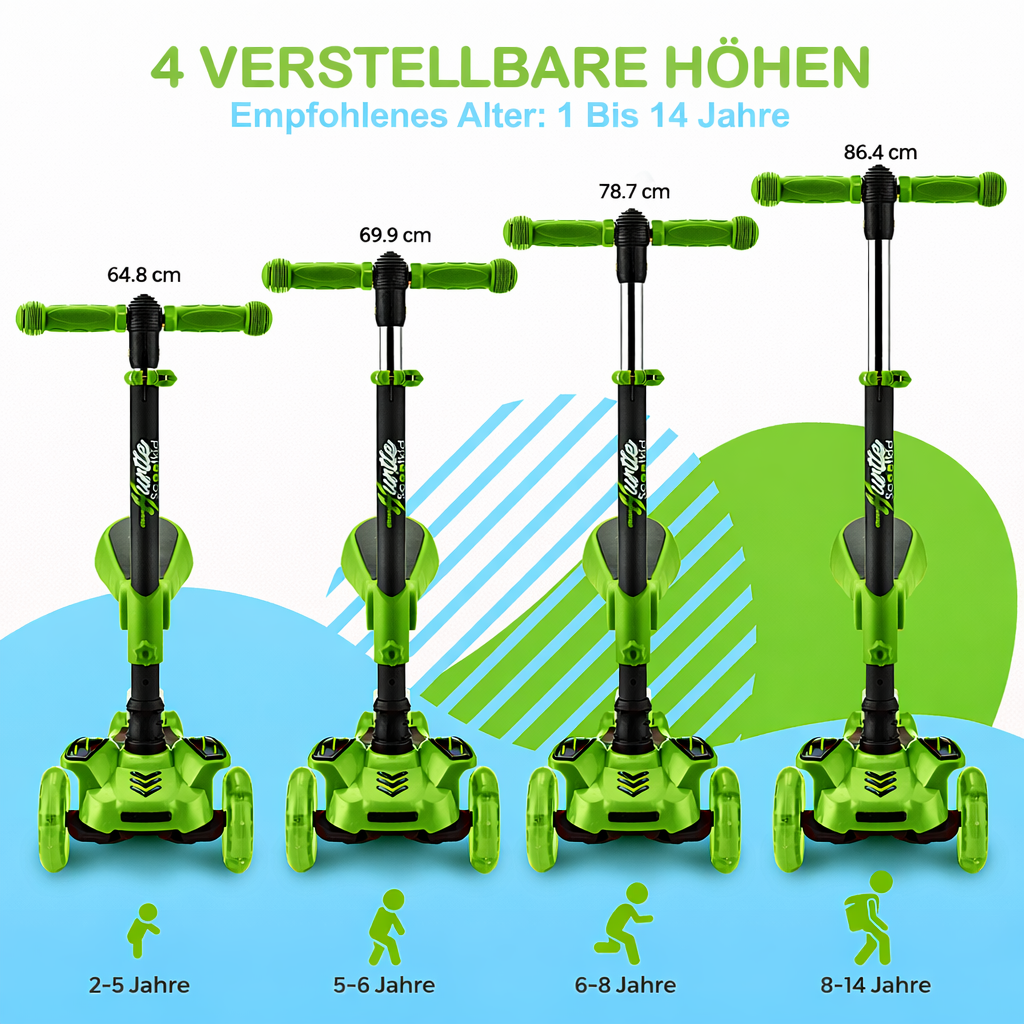 Vier grüne Roller in verschiedenen Höhen für verschiedene Altersgruppen.