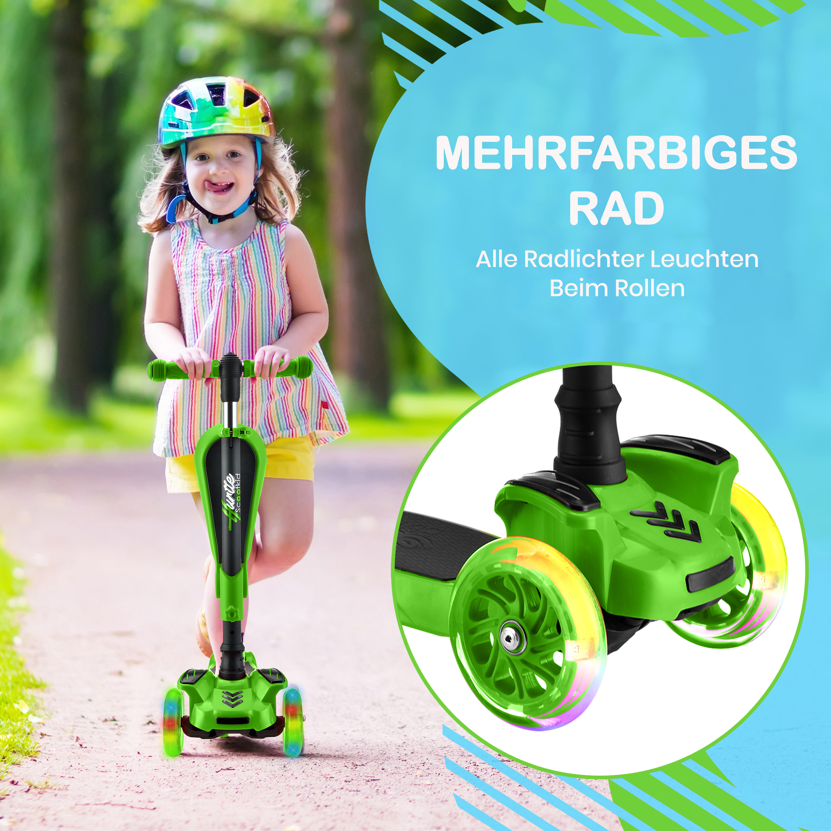 Ein Kind mit Helm fährt einen grünen Roller mit leuchtenden Rädern.