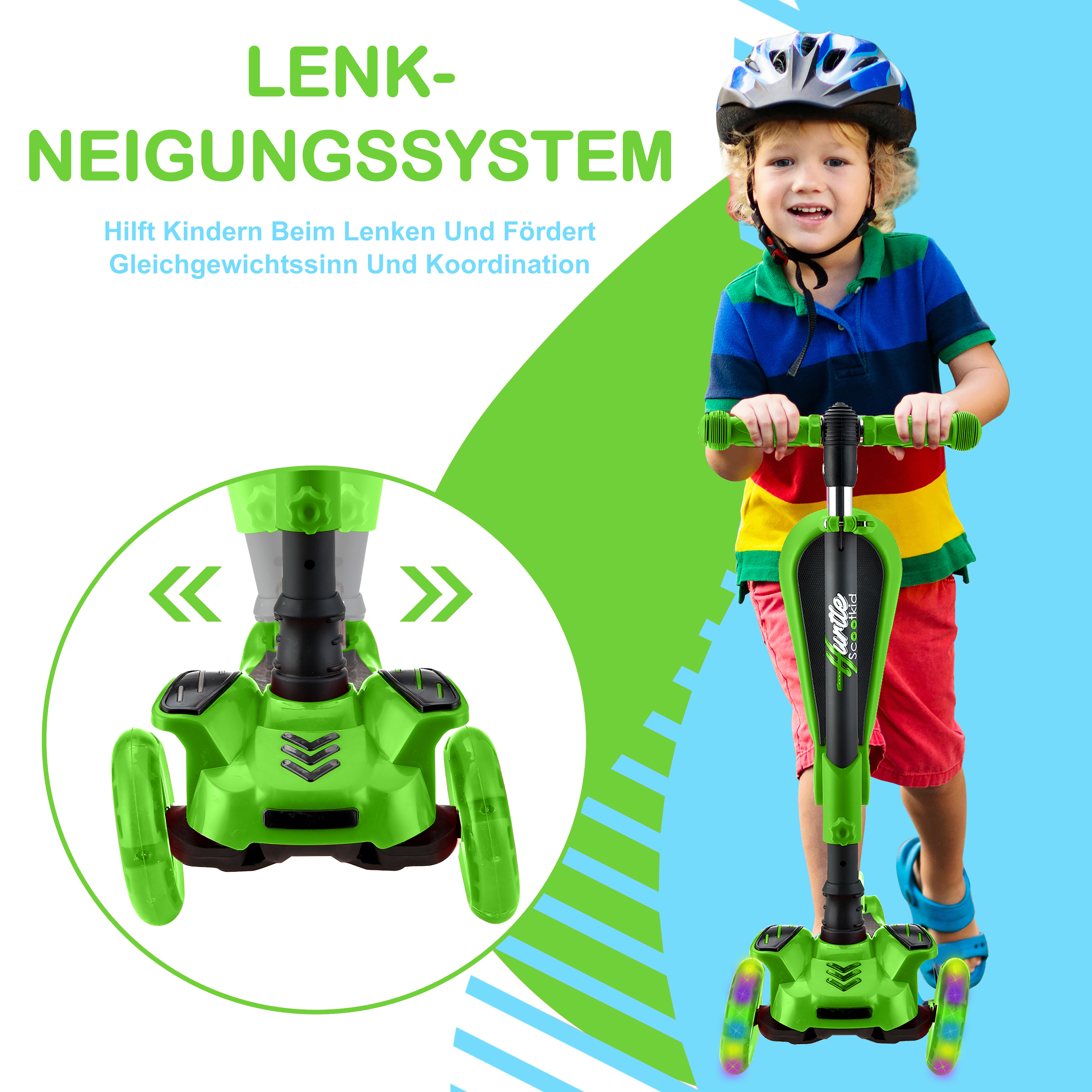 Ein Junge fährt einen grünen Roller mit Lichtern. Ein Lenksystem wird gezeigt.