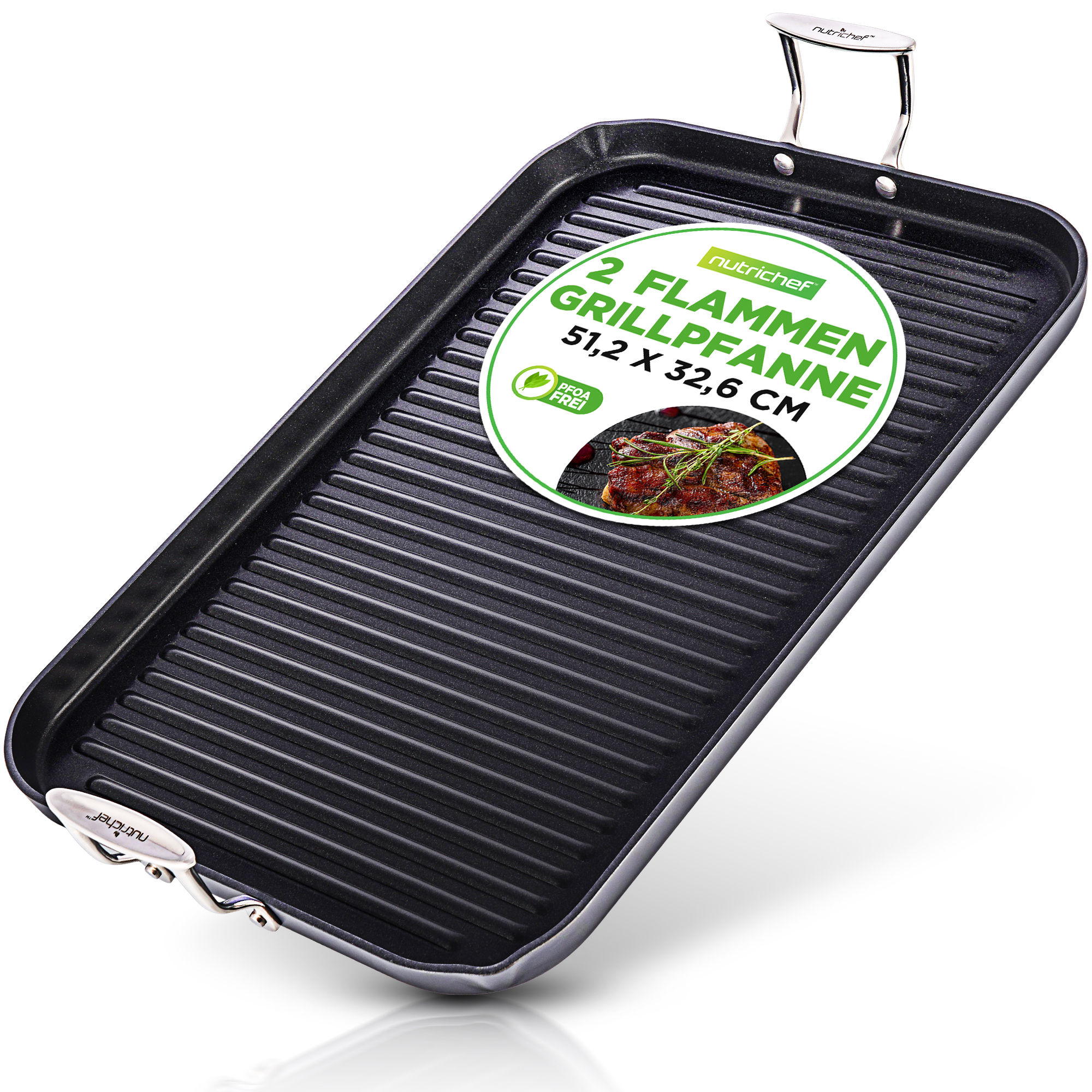 Eine rechteckige Grillpfanne mit zwei Griffen, schwarz, mit Grillstreifen.