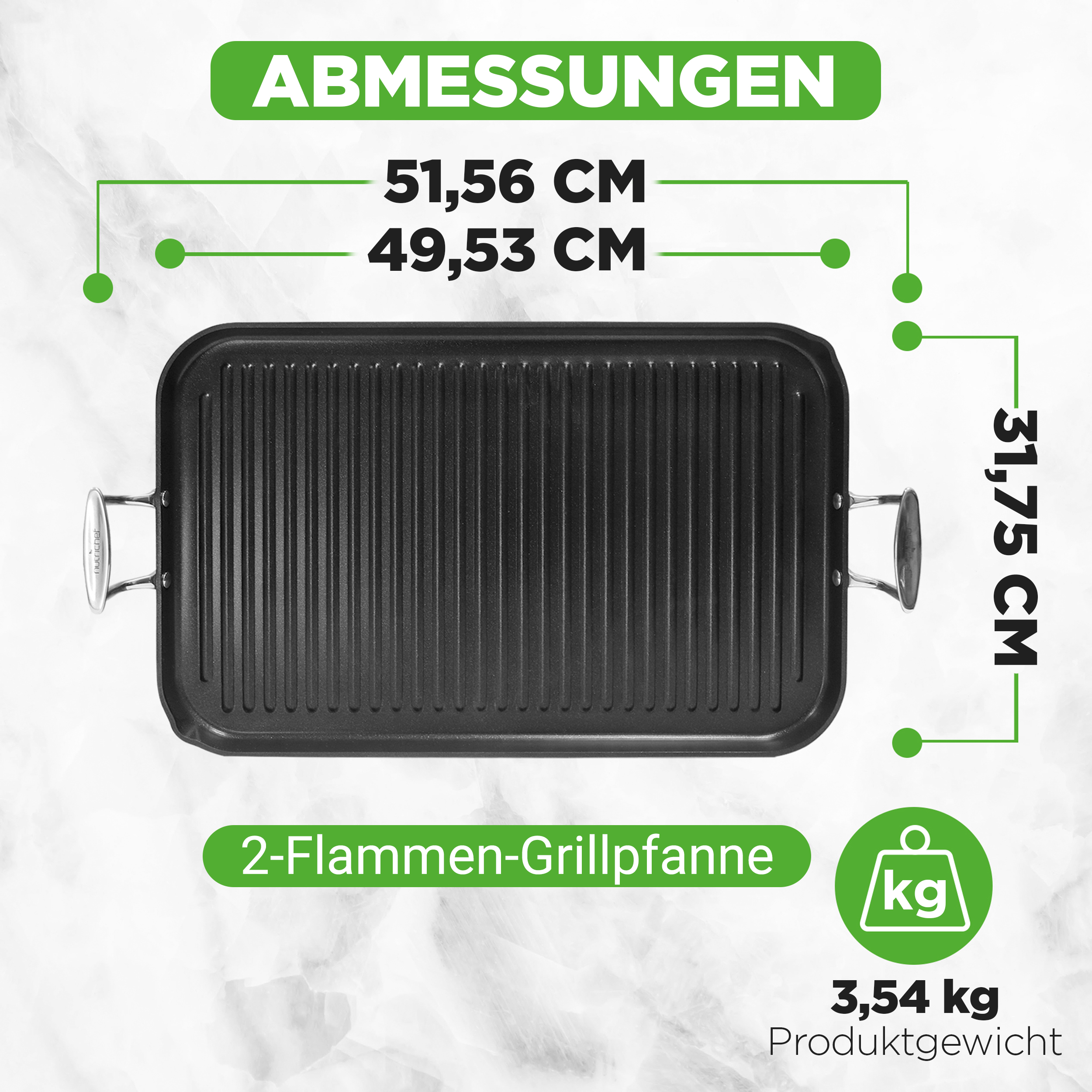 Eine schwarze Grillpfanne mit Maßen: 51,56 cm Länge, 49,53 cm Breite, 31,75 cm Höhe.