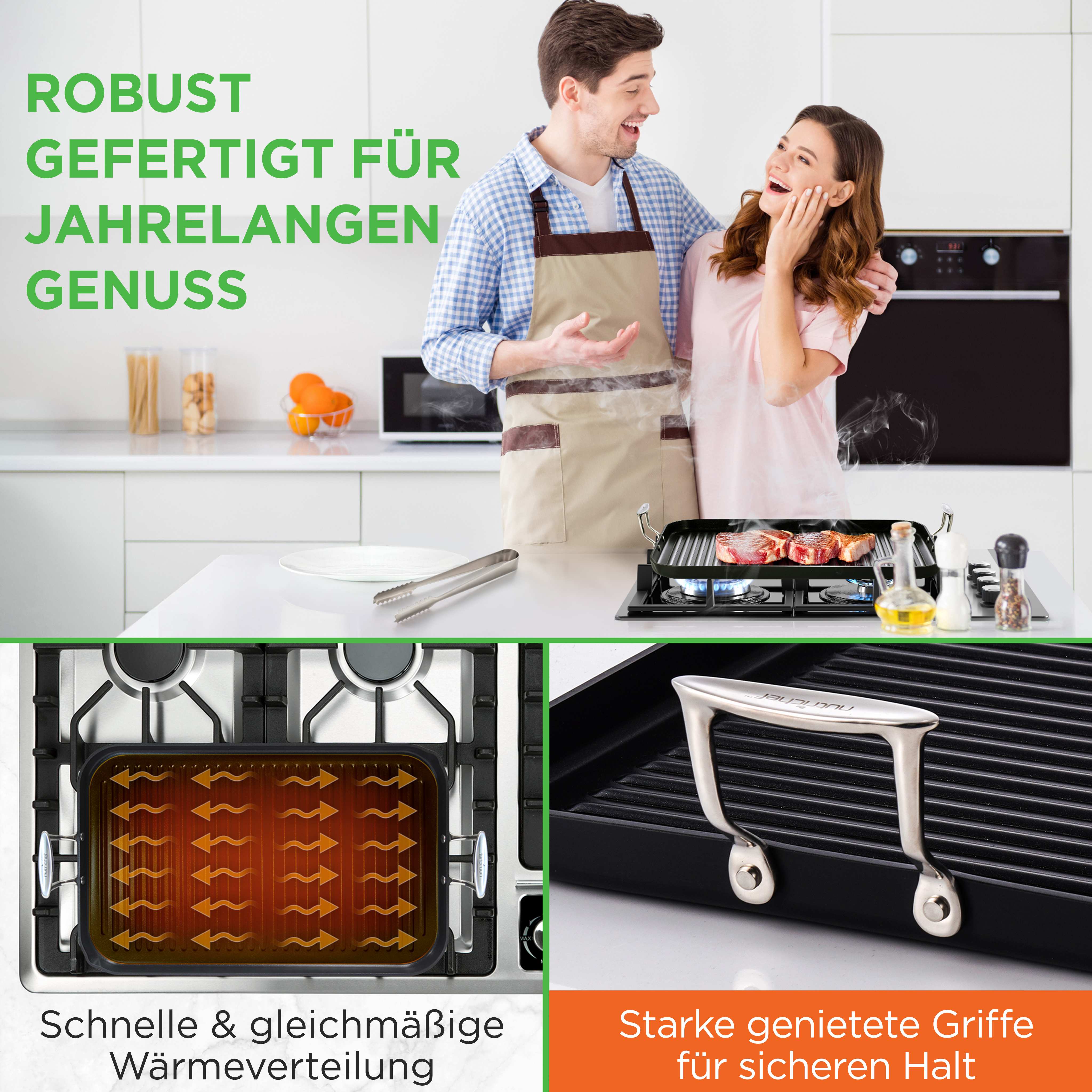 Ein Paar kocht in einer modernen Küche mit einem Grill. Nahaufnahme der Grillplatte.