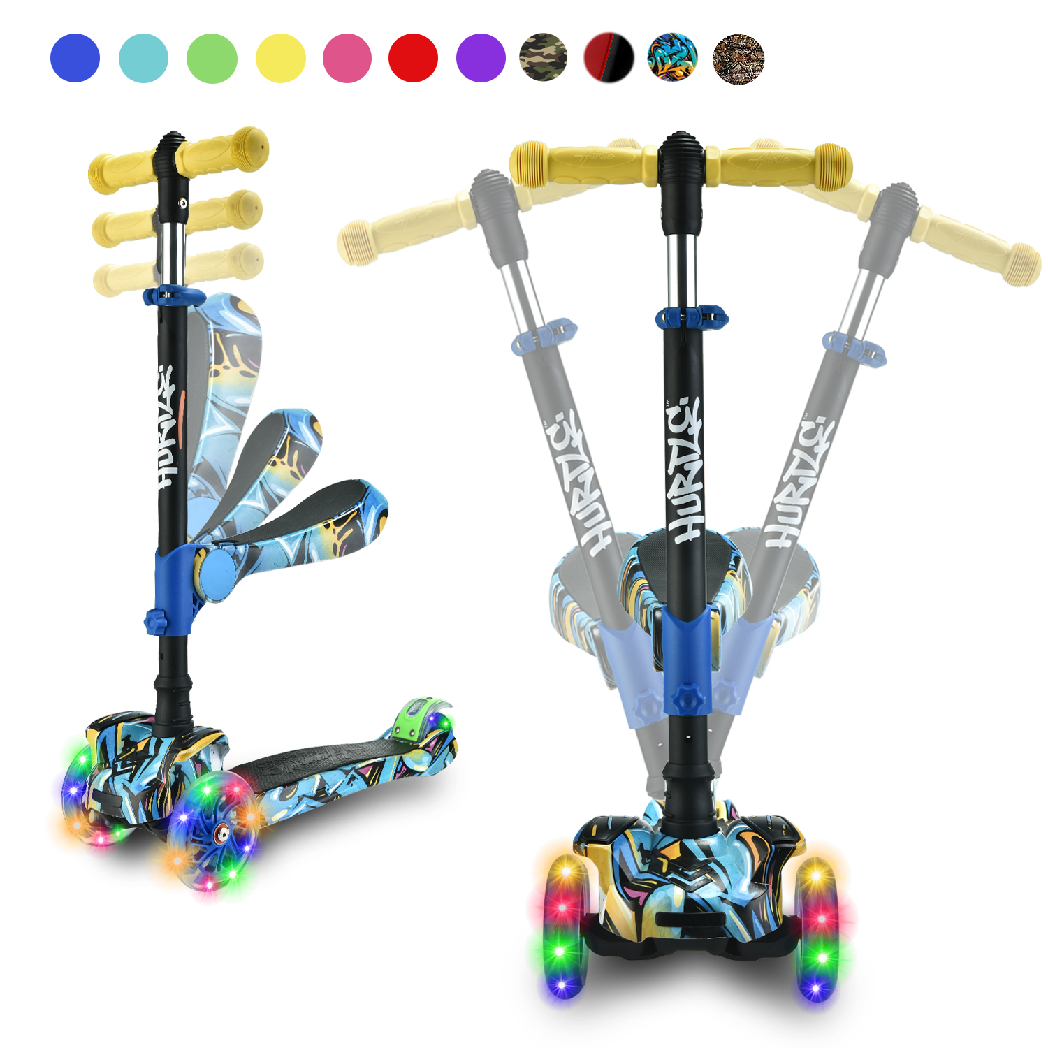 Blauer Roller mit bunten Lichtern an den Rädern und Graffiti-Design.